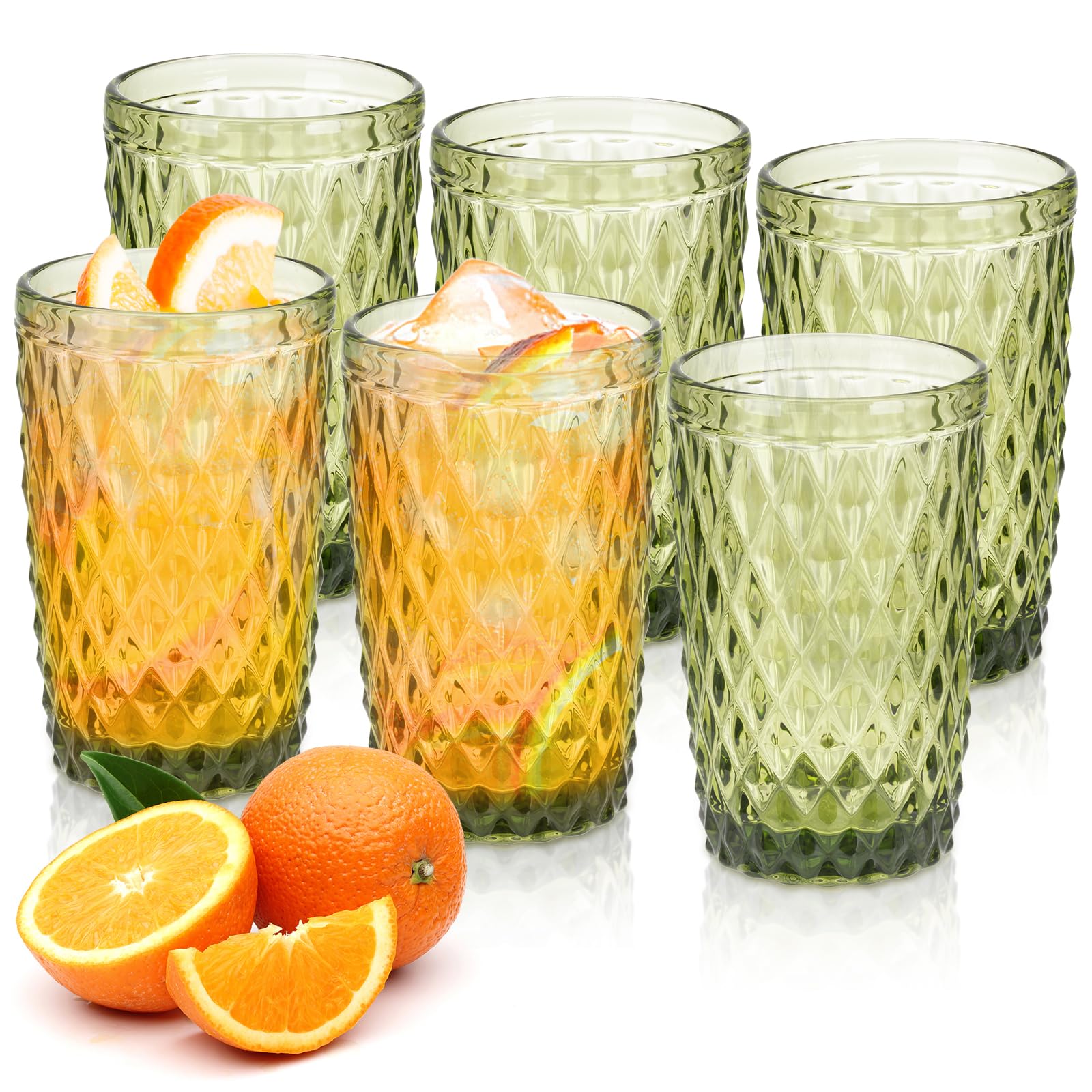 Topsky Highball Drinking Glasses Set of 6,12 oz Colored Glassware with Geometric Diamond Pattern,Embossed Diamond Tumblers,Blue Vintage Glassware Set for Beer,Juice,Cocktail