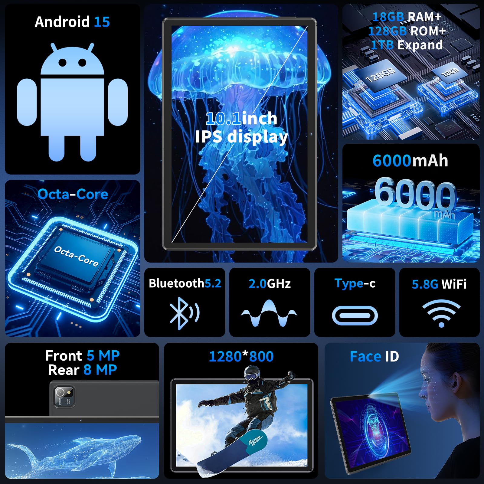 10 Zoll Tablet Android 15 mit Schutzhülle, Octa-Core-Prozessor, 18 GB RAM + 128 GB ROM + 1 TB Erweiterbar, 1280 x 800, 6000 mAh, 5 MP + 8 MP, Wi-Fi 6, BT 5.2, Schwarz