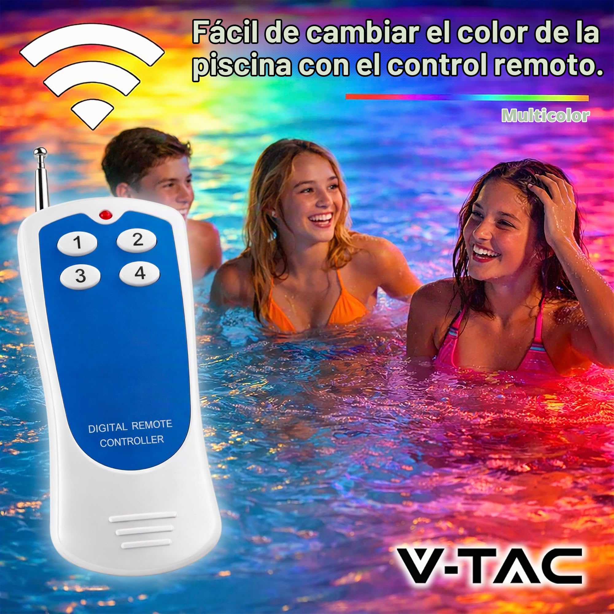 V-TAC Lámpara LED para Piscina Multicolor RGB 12W - CON MANDO A DISTANCIA - PAR56 - Lámpara de Vidrio Antigolpes IP68 para Iluminación de Piscinas y Fuentes - 1260 Lúmenes - Luz de Colores