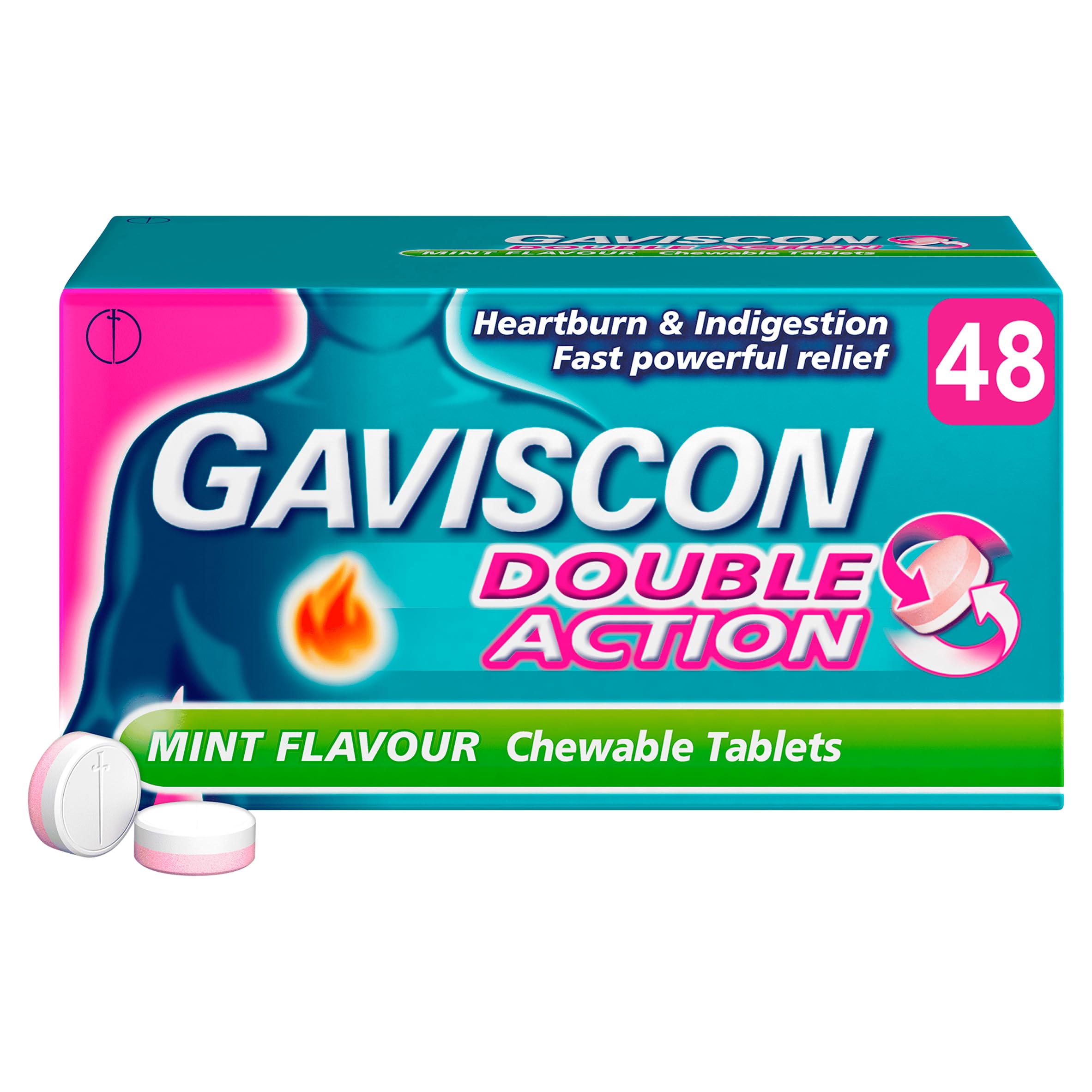 Gaviscon Double Action, Chewable tablets, Mint Flavour, flavour, 48 tablets, Heartburn & Indigestion, Fast powerful relief, Gets to work in minutes, Dual relief on the go, instant Relief