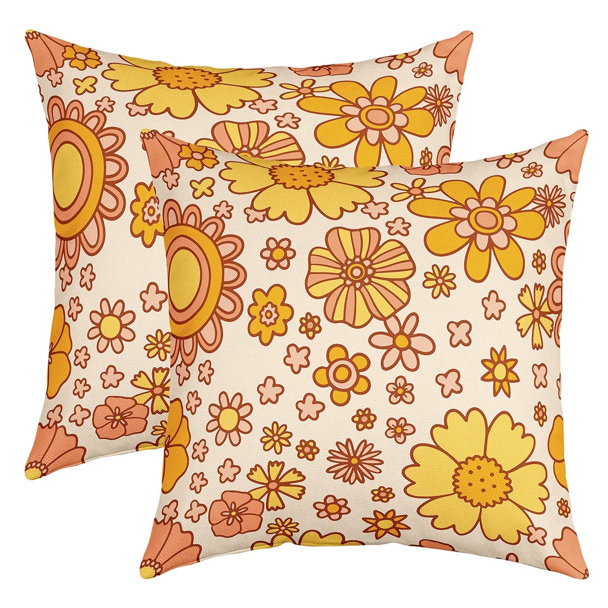 Kids Retro Hippie Flower Throw Pillow Cover Set of 2 18"x18" 60S 70S Groovy Decorative Throw Pillowcase Vintage Boho Plant Floral Pillow Case Cushion Cover Orange Botanical Blossom Cushion Case