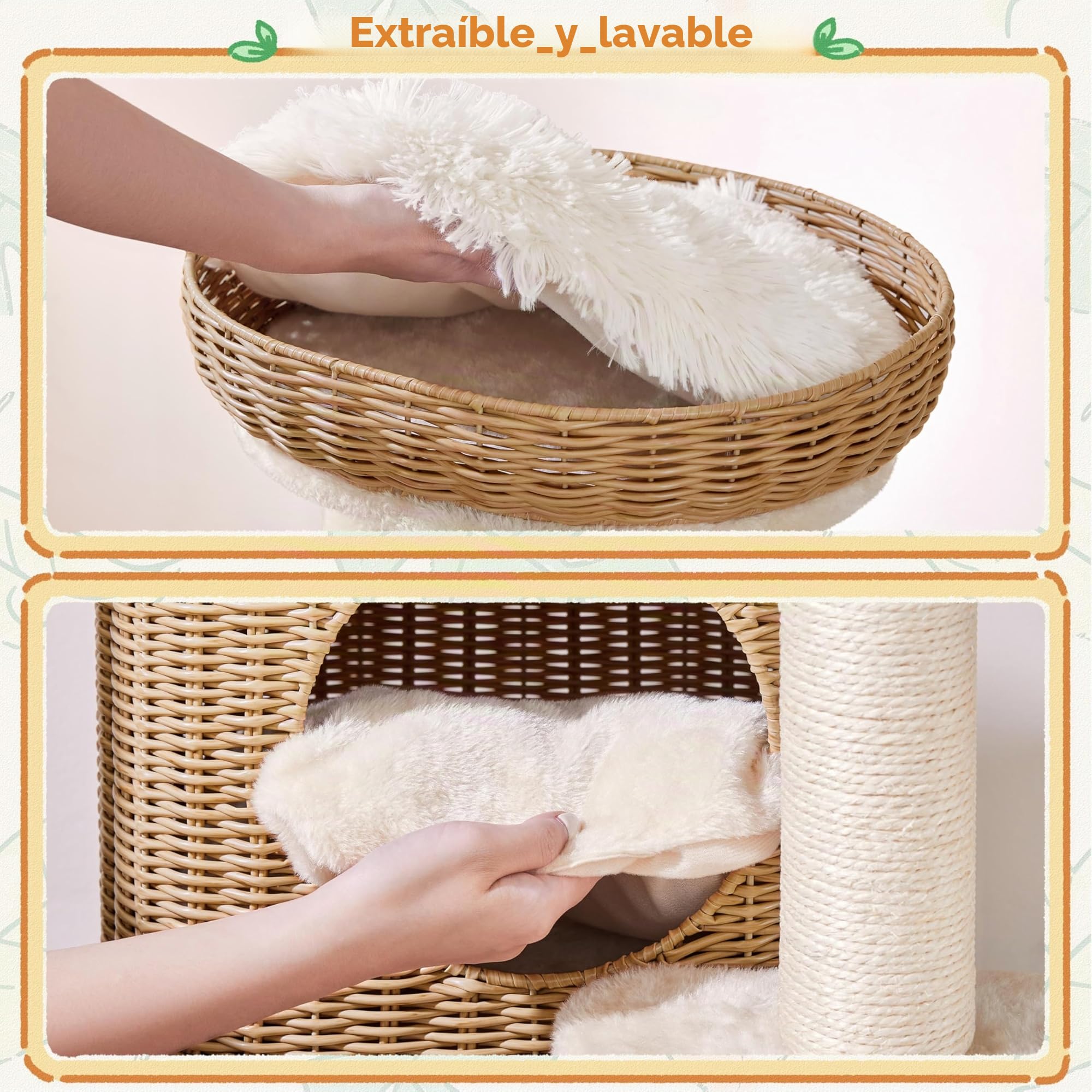 Yaheetech Árbol Rascador para Gatos Ratán Tejido a Mano 91cm Beige | Para Gatos Grandes,Cojines Lavables,Fácil montaje,Duradero, Estabilidad,Perca ancha,multifuncional,Bola colgante sustituible