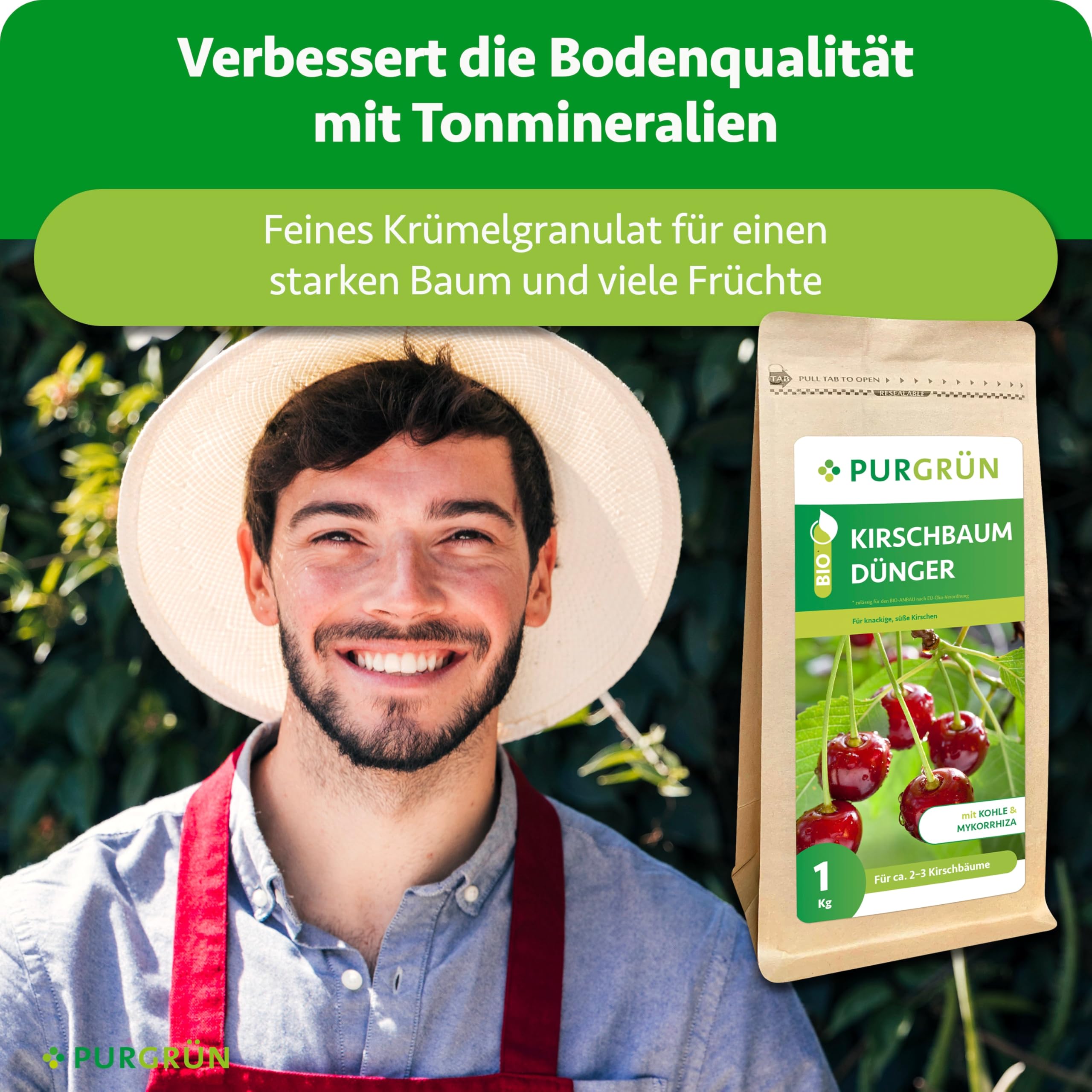 Bio-Kirschbaum-Dünger 1 kg – Organisch-mineralische Rezeptur – Feinkörniges Krümelgranulat – NPK 6+4+5 – Mit Magnesium für saftige, süße Kirschen – Verbessert die Bodenqualität