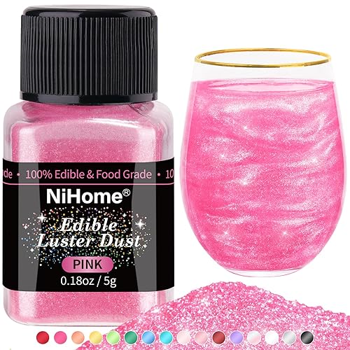 NiHome Edible Food-Grade Glimmer Powder Glitter Luster Dust Metallic Food Decorating Sprinkle Glimmery Dust for Drink Wine Beverage Cake Candy Dessert Bakery Restaurant Vegan (0.18oz/5g, Pink) - 5g/0.18oz - Pink