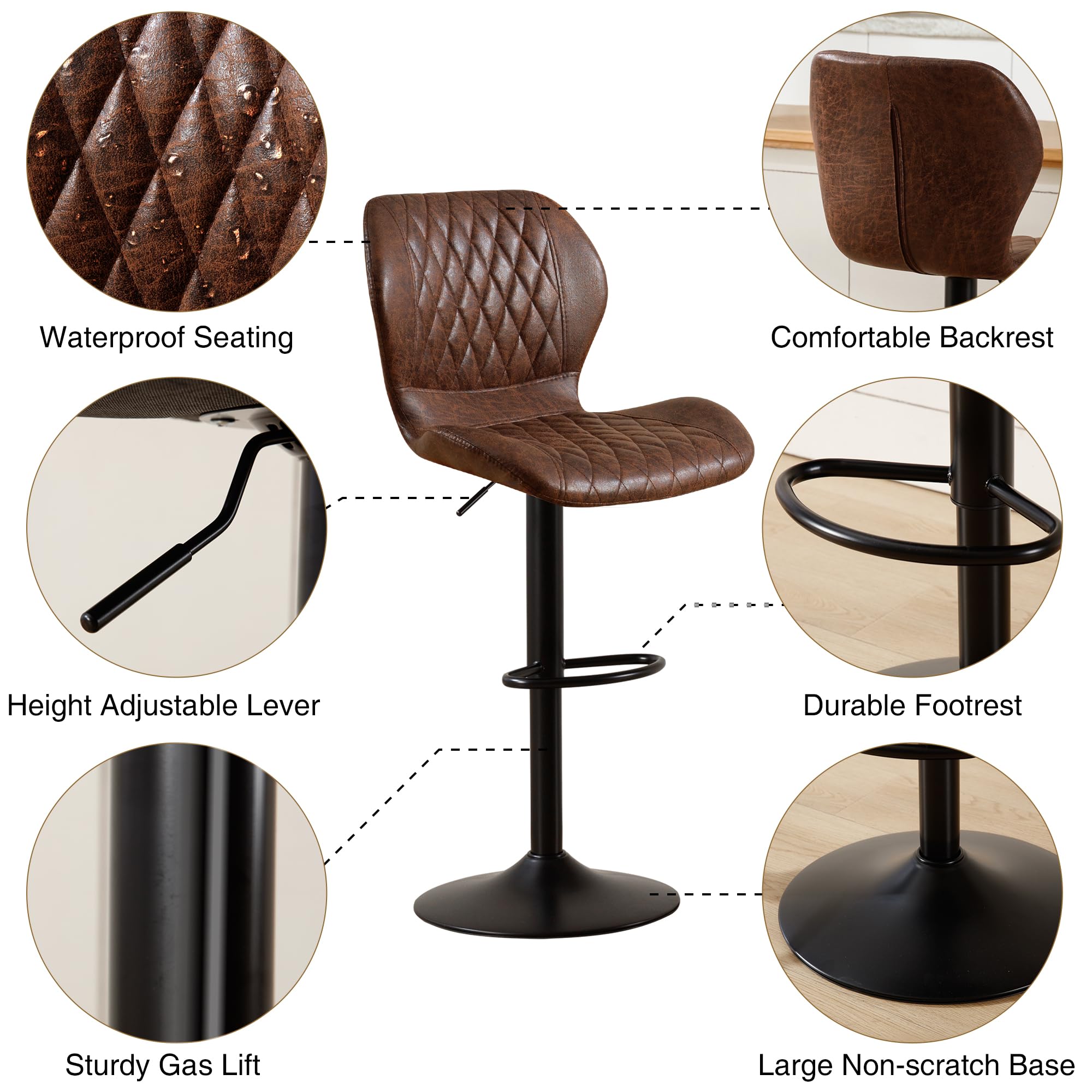 Barhocker,Bar Stühle mit Lehne, 360°Drehstuhl Küchenstuhl, Höhenverstellbar, PU-Kunstleder, für Esszimmer Heimbar Kücheninsel (Brown, 1 PCS)