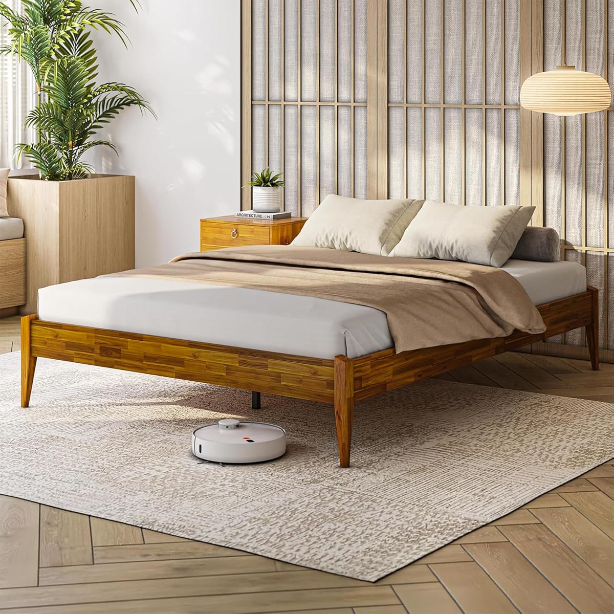 Bme Dinkee Wooden Queen Bed Frame, Elegant Minimalist Modern Design with Japanese Joinery, Durable Wood Slats for Reliable Support, No Box Spring Required, Caramel