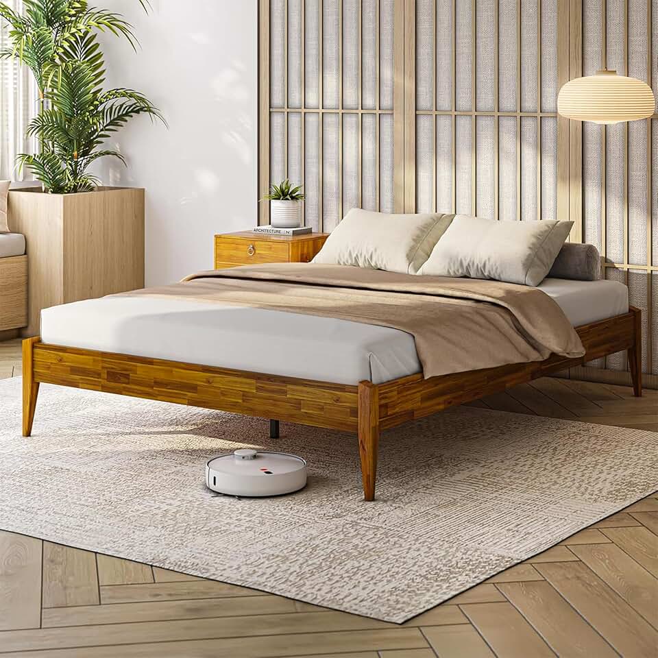 Bme Dinkee Wooden Queen Bed Frame, 15 Inch Height, Elegant Minimalist Modern Design with Japanese Joinery, Durable Wood Slats for Reliable Support, No Box Spring Required, Caramel