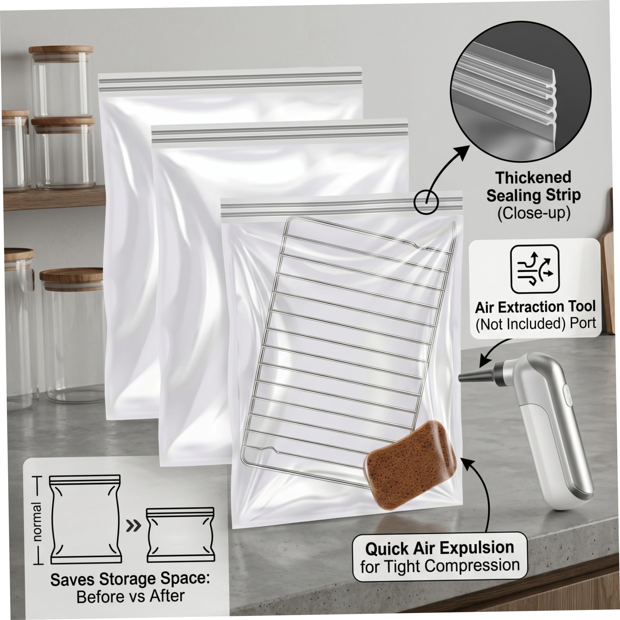 Lot de 3 sacs de nettoyage pour grille de four et rangement sous vide, en polyéthylène épais, transparent, 80 x 60 cm