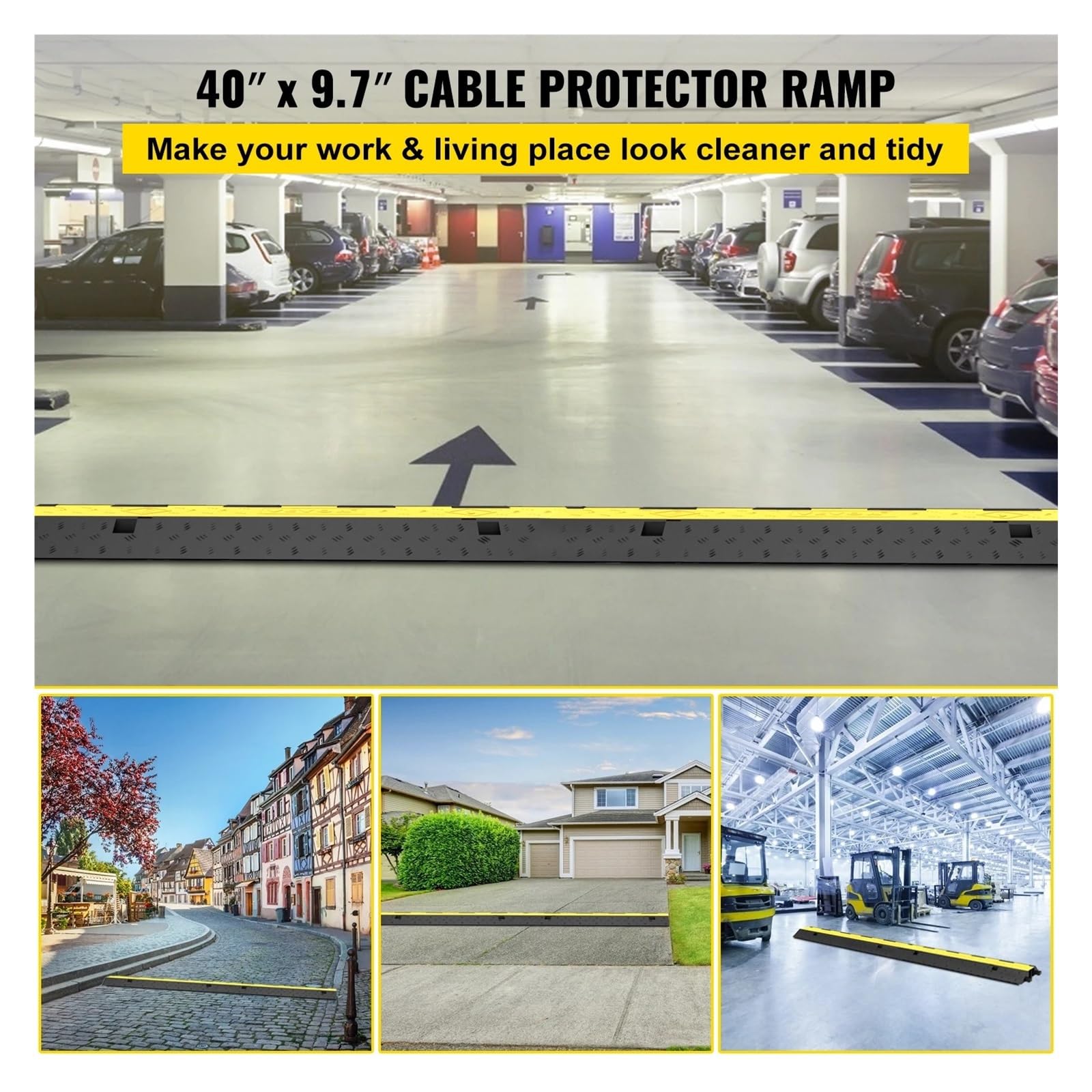 Rampa de Protección de Cable Protector de Cable for rampas, Cubierta for Cables, Protector, 2 Canales, Goma + PVC, Reductor Velocidad, estacionamientos, entradas vehículos, tráfico(4PCS)