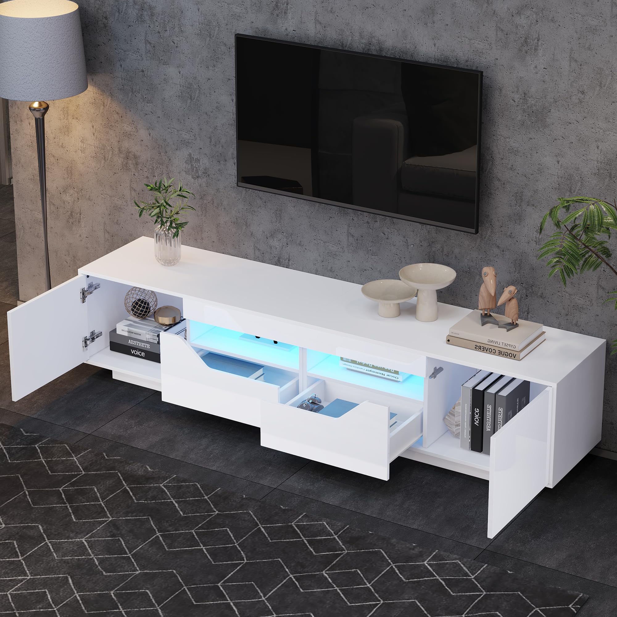 BTM 180x40x45cm Standfernsehschrank, Lowboard Mit 2 Schubladen und 2 Schränken,Hochglanz-TV-Schrank mit LED-Leuchten,TV-Board, Fernsehtisch,Geeignet für 75-Zoll-Fernseher,Weiß