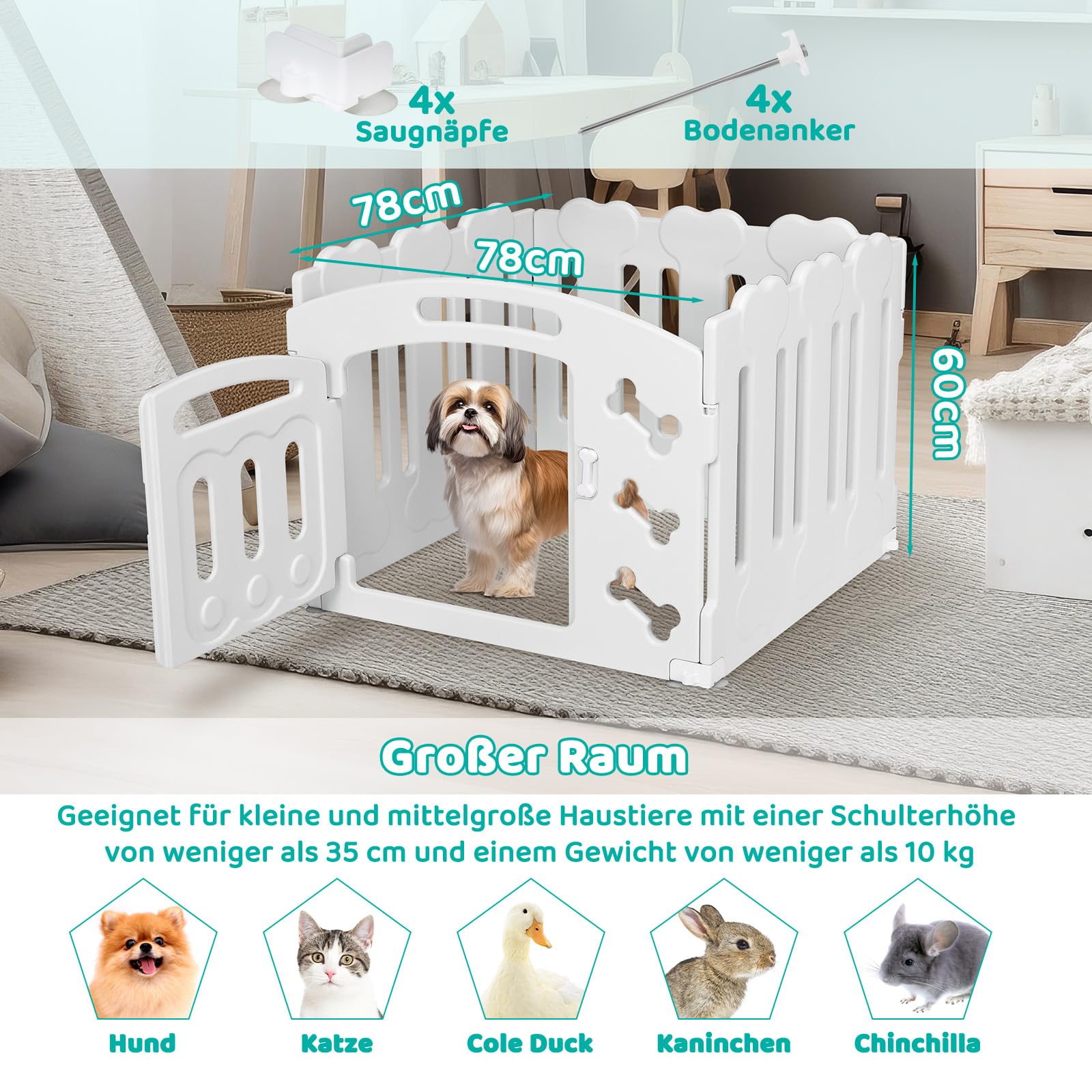 Recinto per Cani da Interno Esterno alto 60cm, Box per Cani 3+1 Pannelli, Recinzione per Cani Pieghevole, Recinto per Gatti in Plastica con Cancello, Incluse Ventose e Ancoraggi a Terra, Bianco