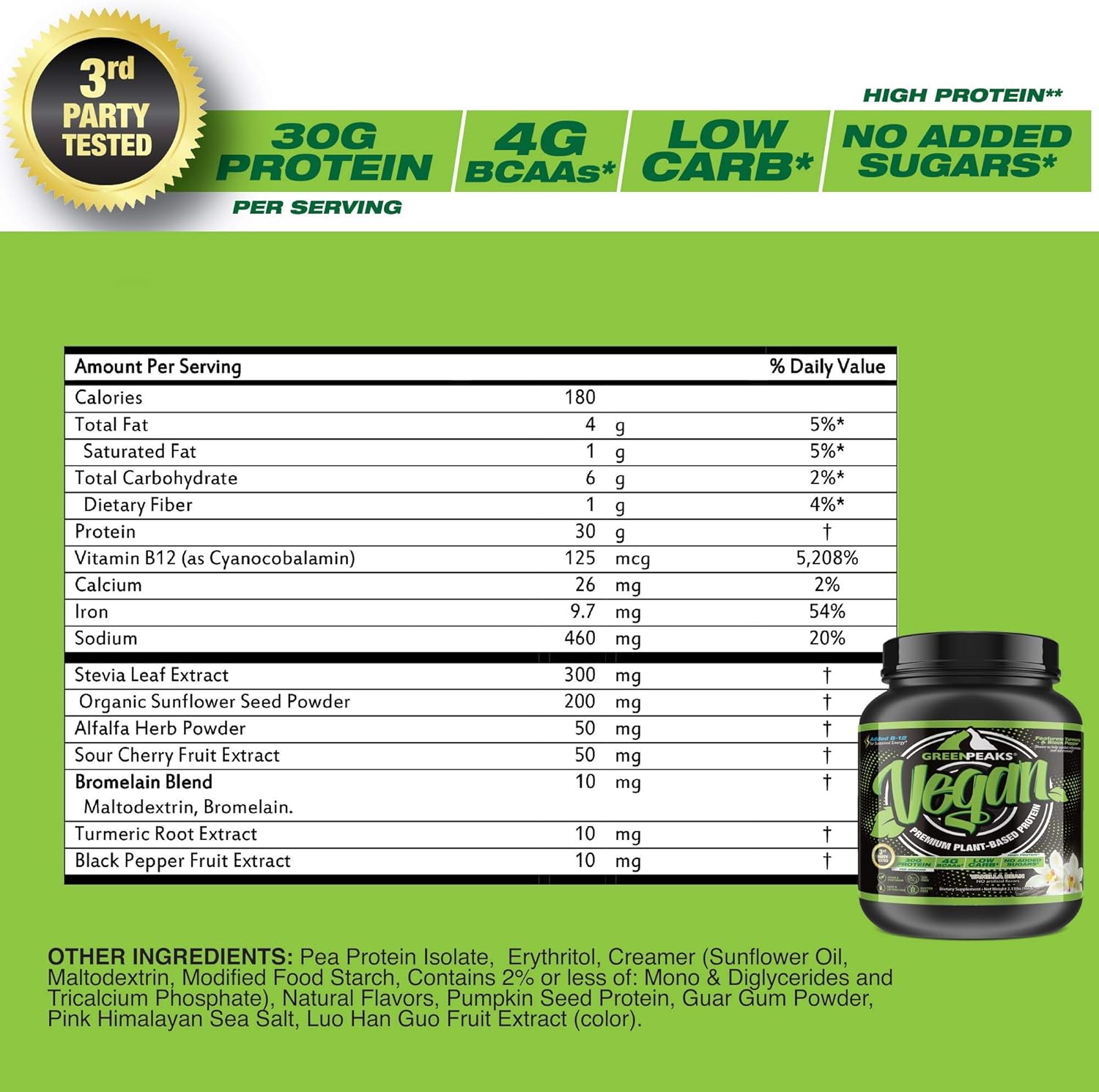 Green Peaks Polvo de proteína vegana con B12 y BCAA chocolate batido