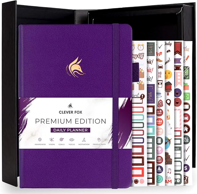 Clever Fox Planner Daily Premium Edition  Luxurious Daily Planner with Hourly Schedule, Personal Organizer, Productivity & Goal Journal, Undated - Start Anytime, A5, Lasts 6 Months - Purple
