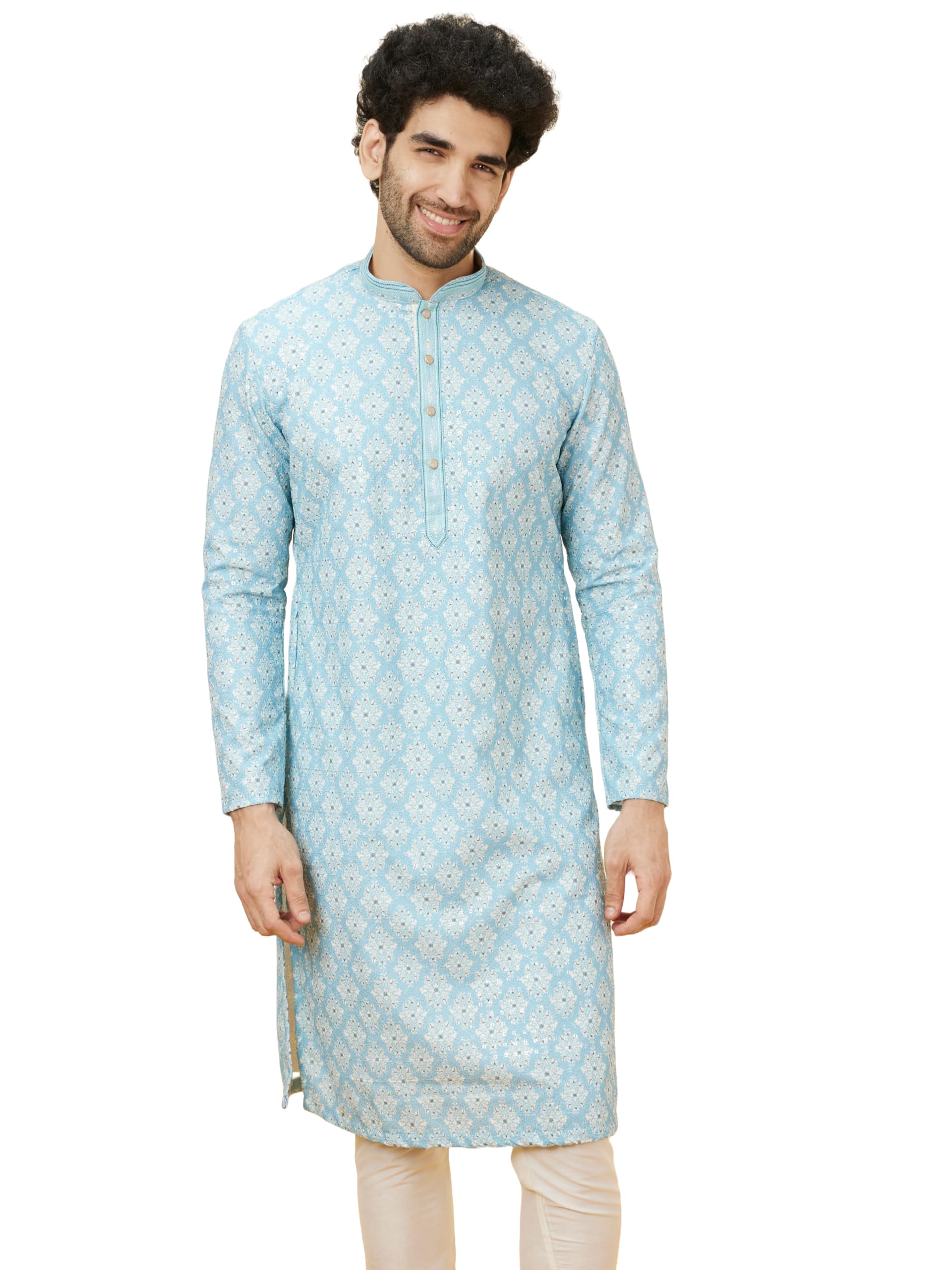 manyavar Men's Printed Zari Embroidered Kurta Set (2pcs)-picture-26