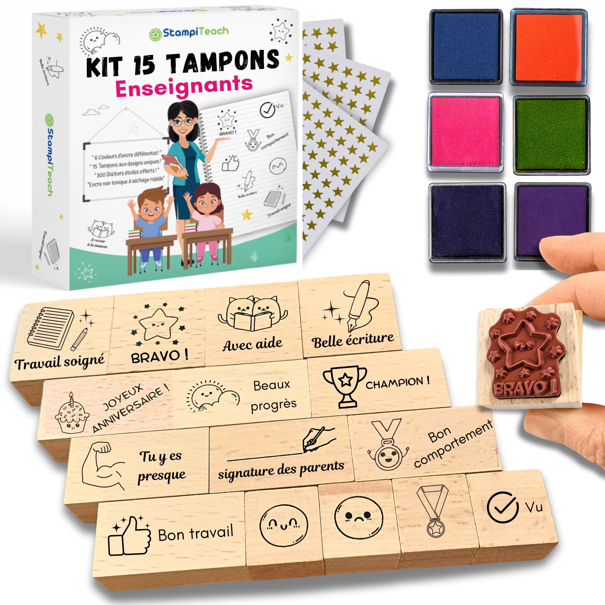 STAMPITEACH Teacher Stamp in French - Box of 15 Stamps, 6 Coloured Inks, 300 Star Stickers, Ebook 25p Motivating Children at School – Gift Teacher, Teacher, Primary Instit Kindergarten