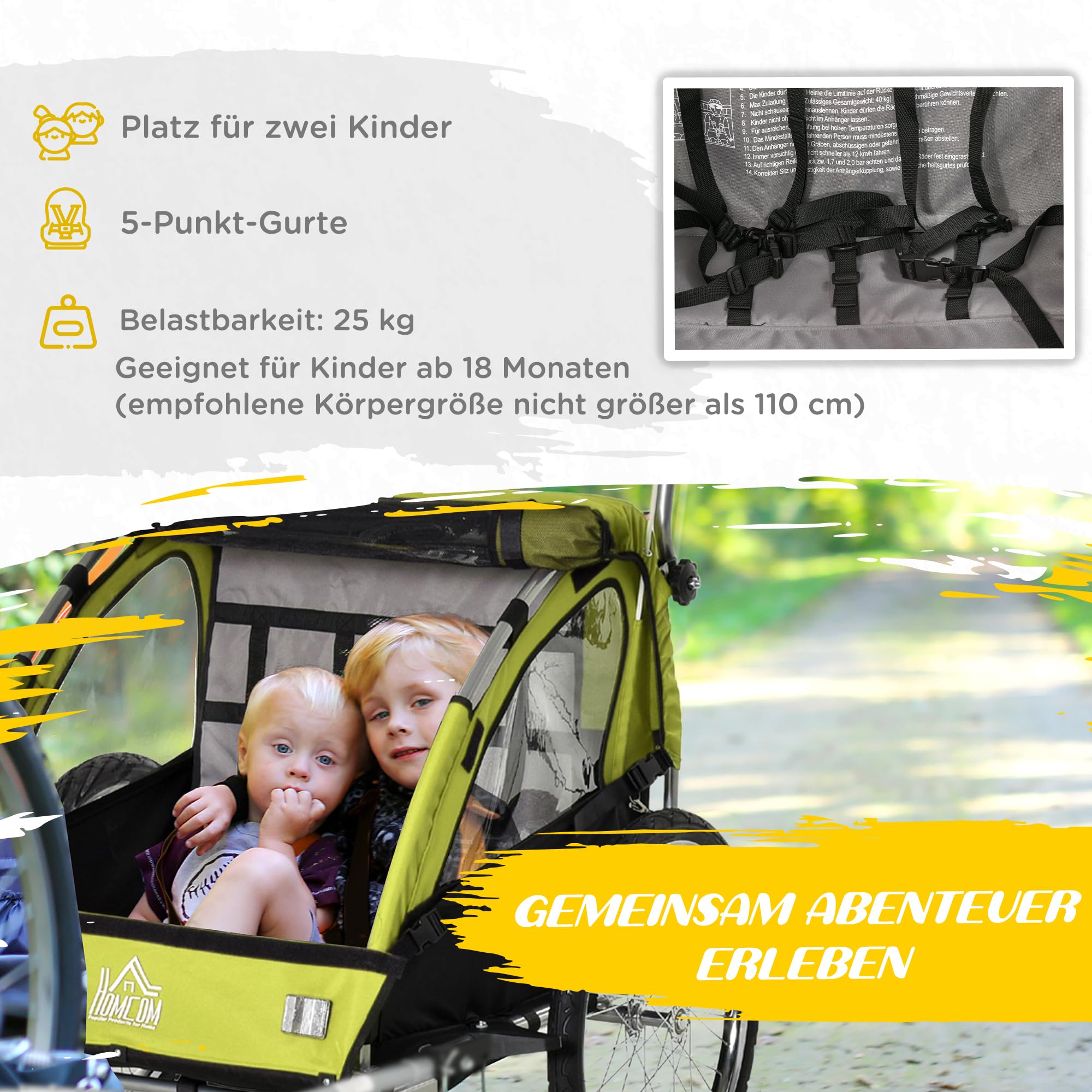 HOMCOM 2 in 1 Kinderanhänger Anhänger 360° Drehbar Fahrradanhänger 2 Kinder Buggy Kinderwagen mit Fünf-Punkt-Sicherheitsgurt Joggerfunktion Metall Oxford 160 x 84 x 106 cm
