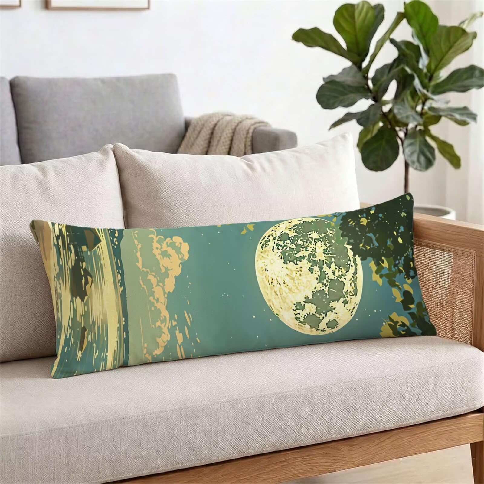 Funda de Almohada 60 x 180 cm Luna Protector Almohada 180 cm con Cremallera Invisible, Lino Durable y Transpirable Pillow Case Largas Paisaje Impresión a Doble Cara para Cama, Sofá y Dormitorio dg-562