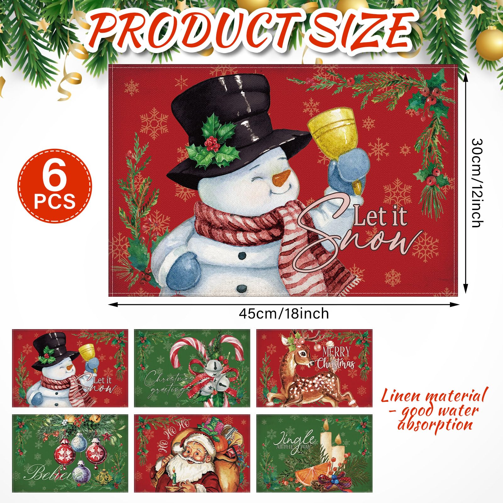 Hushee 6 Pcs Christmas Placemats 12