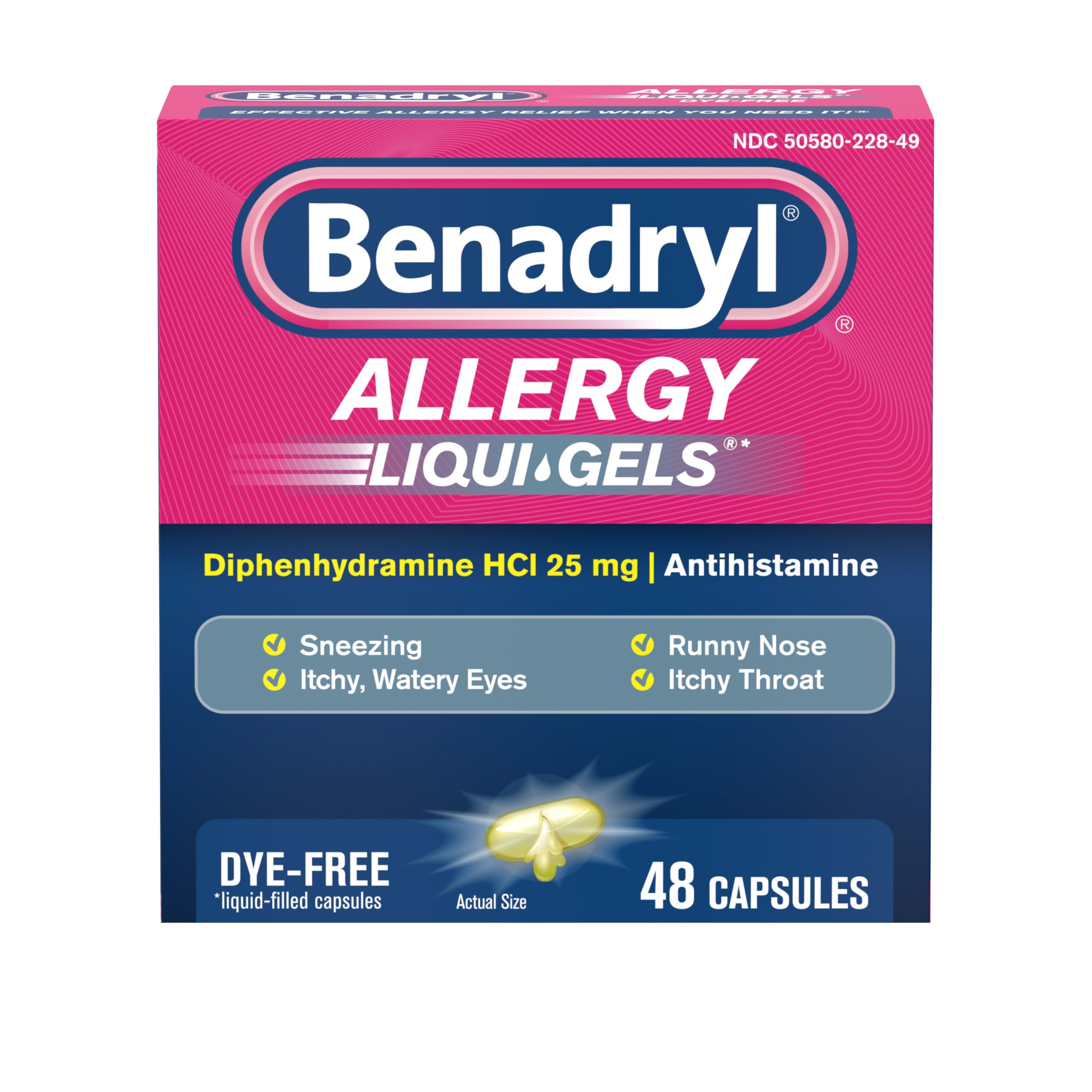 Benadryl Liqui-Gels Antihistamine Allergy Medicine & Cold Symptom Relief, Dye-Free Liquid Gels with 25 mg of Diphenhydramine HCl for Symptoms Such As, Runny Nose, Sneezing & More, 48 ct