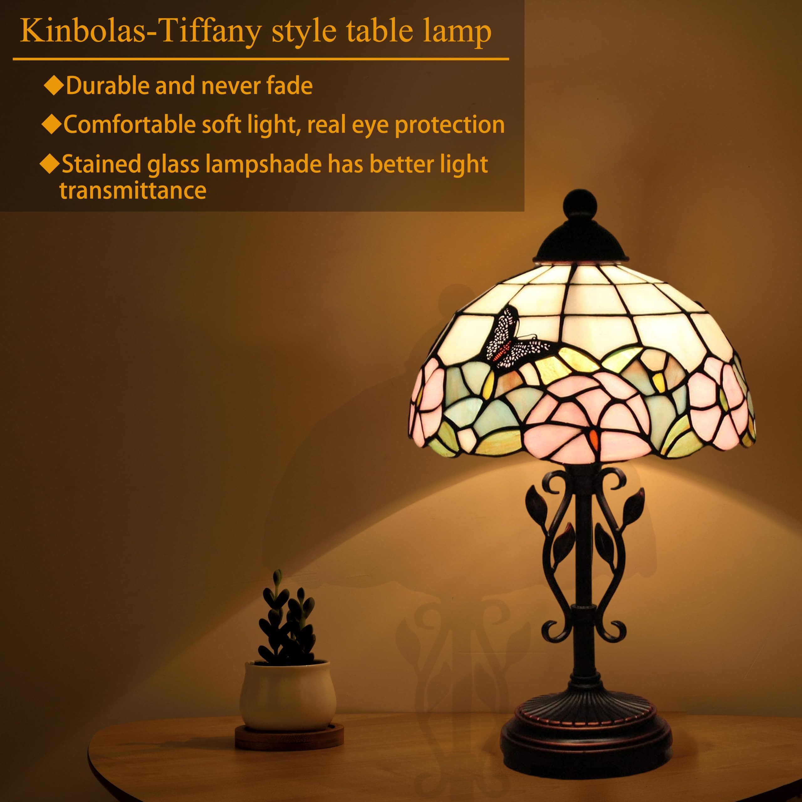 Tischlampe im Tiffany Stil,Vintage Nachttischlampe Schlafzimmer Deko Lampe,Jugendstil Tischleuchte,Butterfly buntglas lampenschirm 25cm / 10 Zoll,Harz-Basis mit Kabel und E27 LED Birne(B)