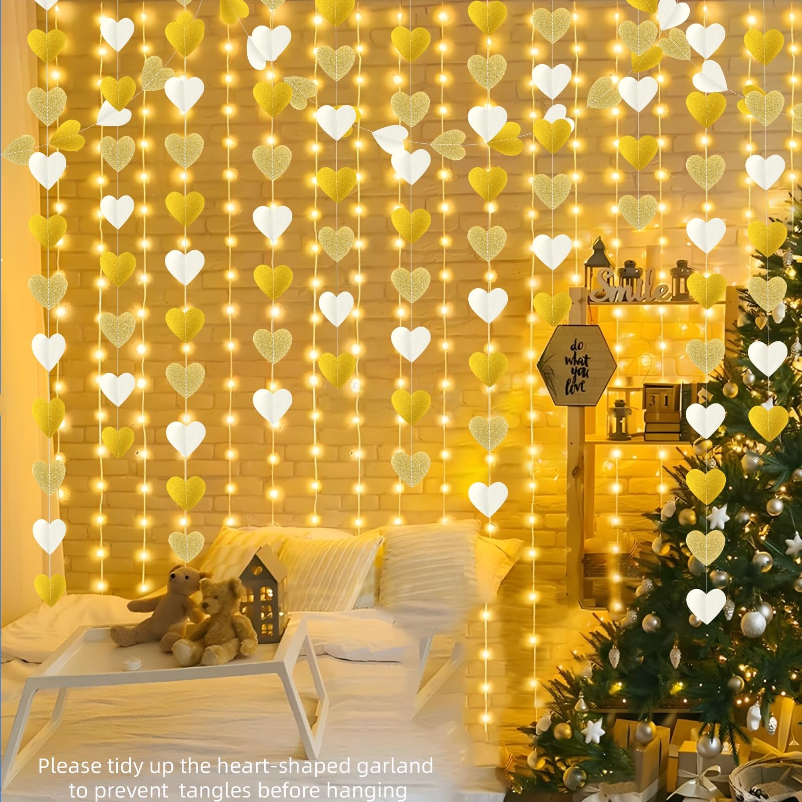 Decoraciones de fiesta de compromiso, decoración de fiesta de champán blanco y dorado, guirnalda de serpentinas de corazón, pancarta de papel colgante de 52 pies, pancarta de papel colgante