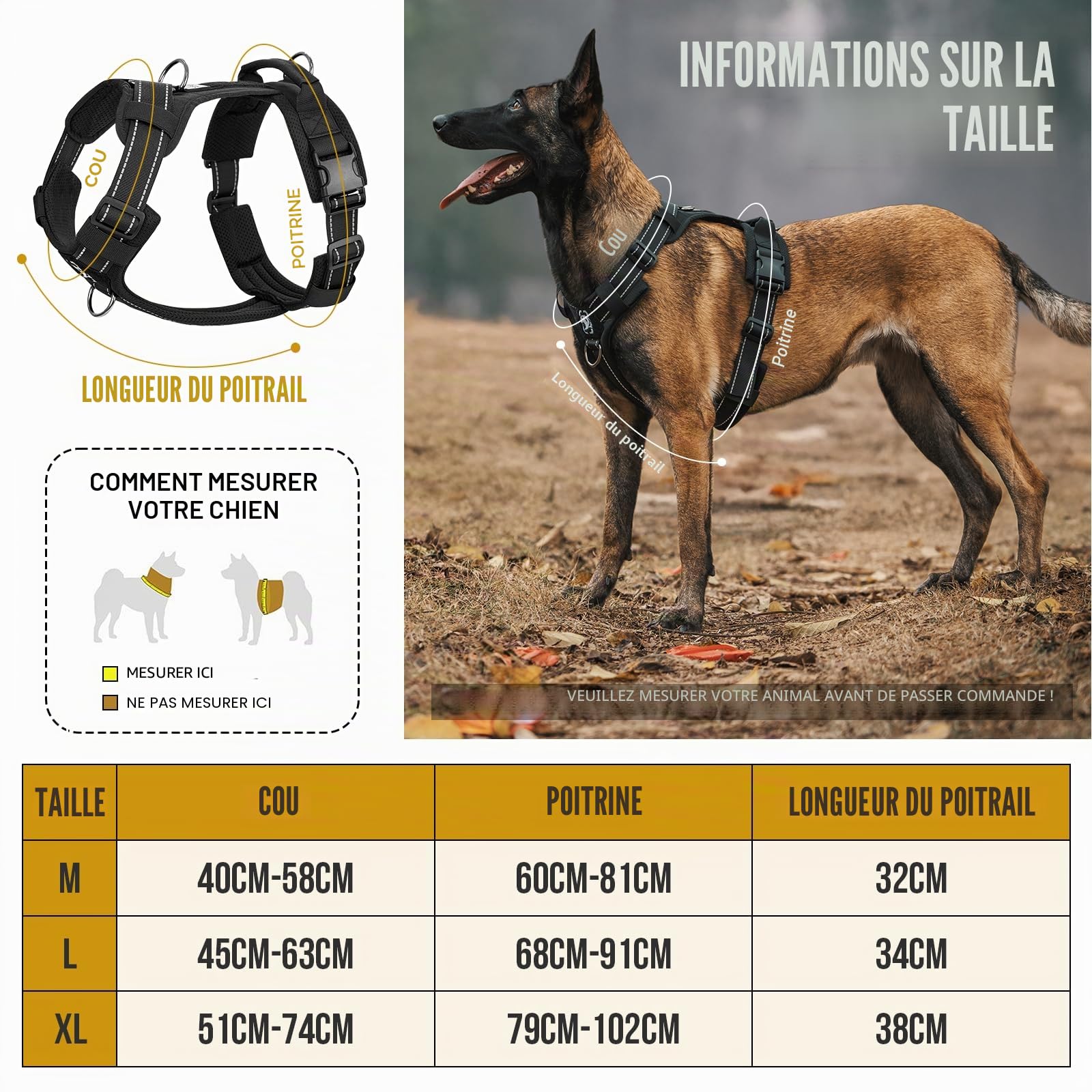 OneTigris Harnais tactique réglable Diesel - Harnais tactique doux et rembourré pour chiens de taille moyenne et grande taille - Avec réfléchissant, 1 poignée, 3 anneaux en D (noir, taille M)