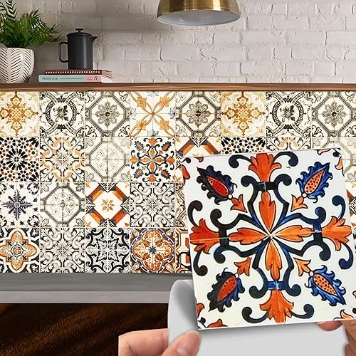 Miniatura 3 de Heimerdinger Calcomanías de vinilo de Talavera marrón rústico para cocina, baño, despegar y pegar, calcomanía para pared contra salpicaduras para