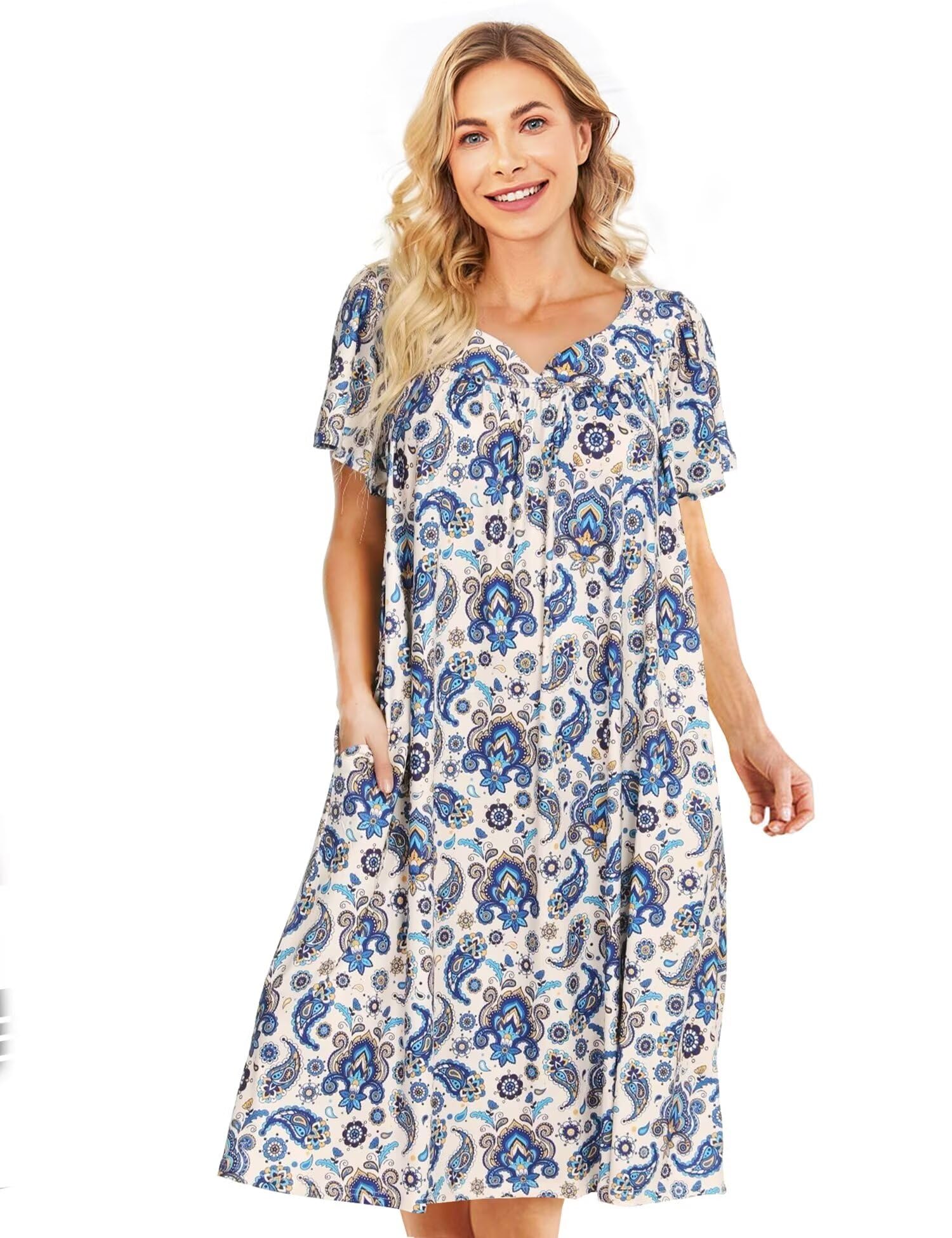 Hymuses Muumuu House Dresses for Women Nightgown Duster Moomoo Short Sleeve Patio Dress with Pockets S-3XL