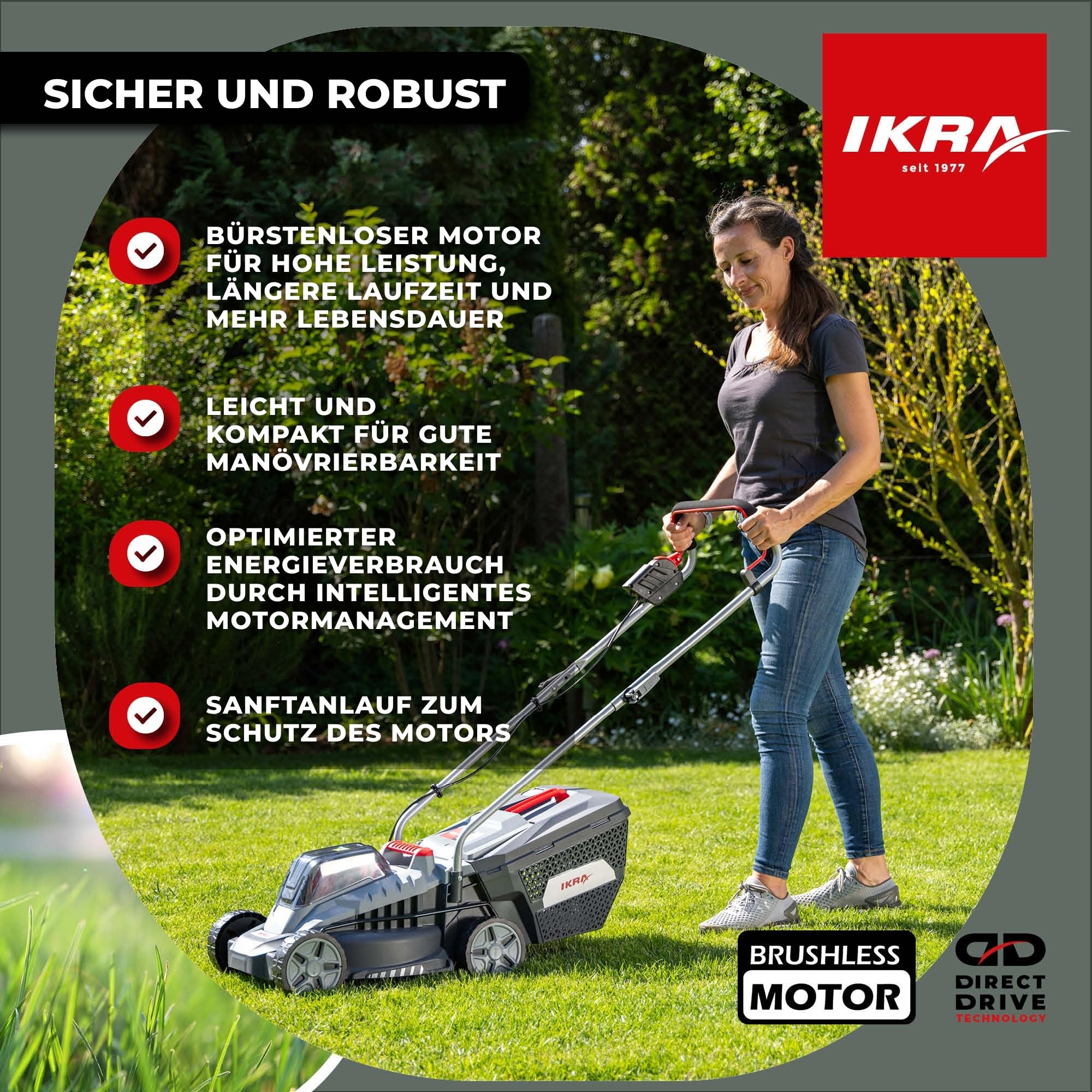 IKRA Rasenmäher IB-LM 33, Schnittbreite 33cm, ohne 36V Akku & Ladegerät | Kompatibel mit Bosch, empfohlene Rasenflächen bis 250m², Schnitthöhe 30-70mm, Fangkorb 30l, leicht, kompakt & ergonomisch