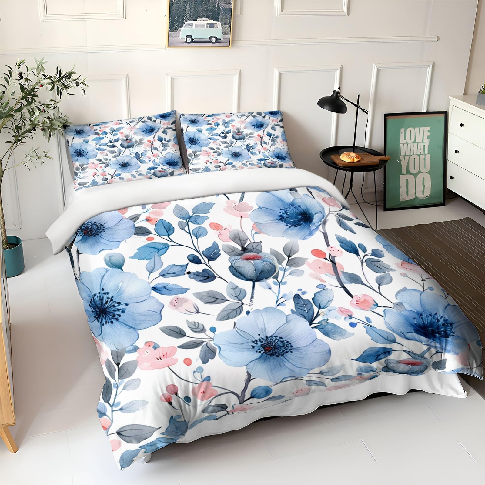 Biancheria da letto blu, 155 x 220 cm, per bambini, ragazzi e adolescenti, per letto singolo, fiori botanici e foglie, copripiumino con chiusura lampo e federa da 80 x 80 cm