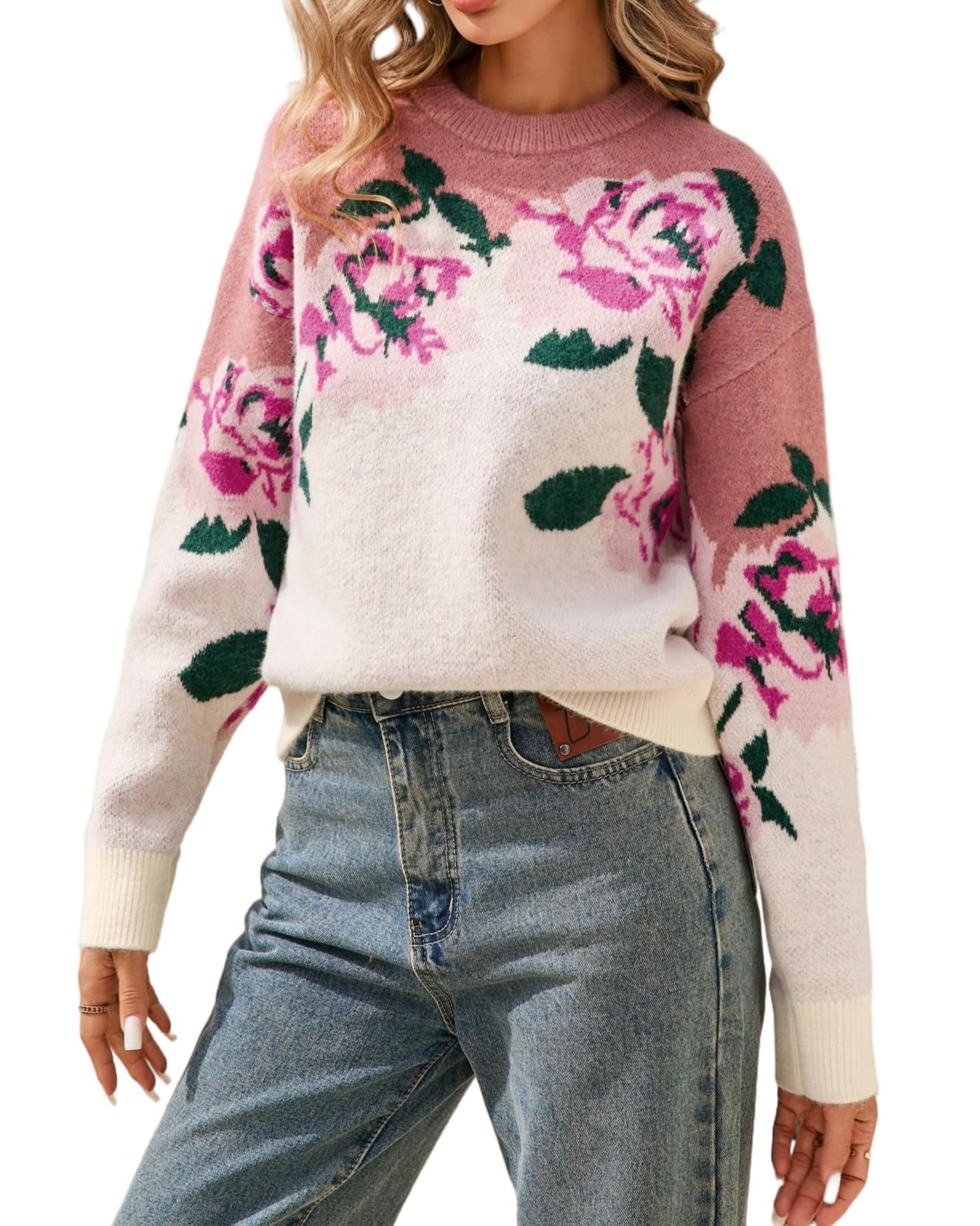 Womens Flower Sweater Crew Neck Casual Long Sleeve Drop Shoulder Pullover Sweaters Knit Top