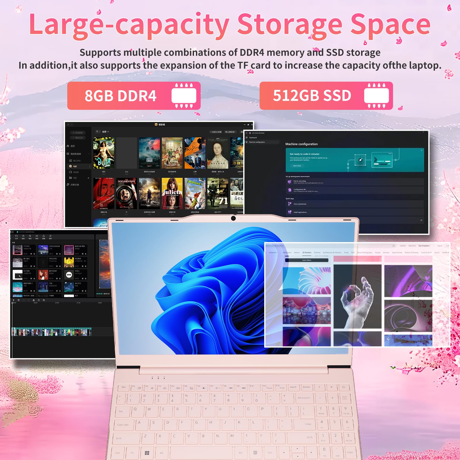 Auusda 14.1" Pink Laptop Computer with 2K Display, N5105, 32GB RAM, 1TB NVMe SSD, Type-C, HDMI, Backlit Keyboard Student Laptops Fingerprint, Win11 Pro Business Laptops 2 Years Warranty