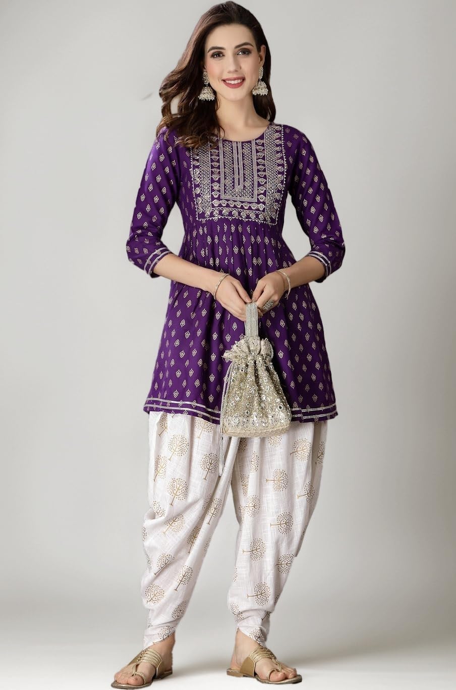 Women's Printed & Embroidered Rayon A-Line Kurti With Dhoti Pant