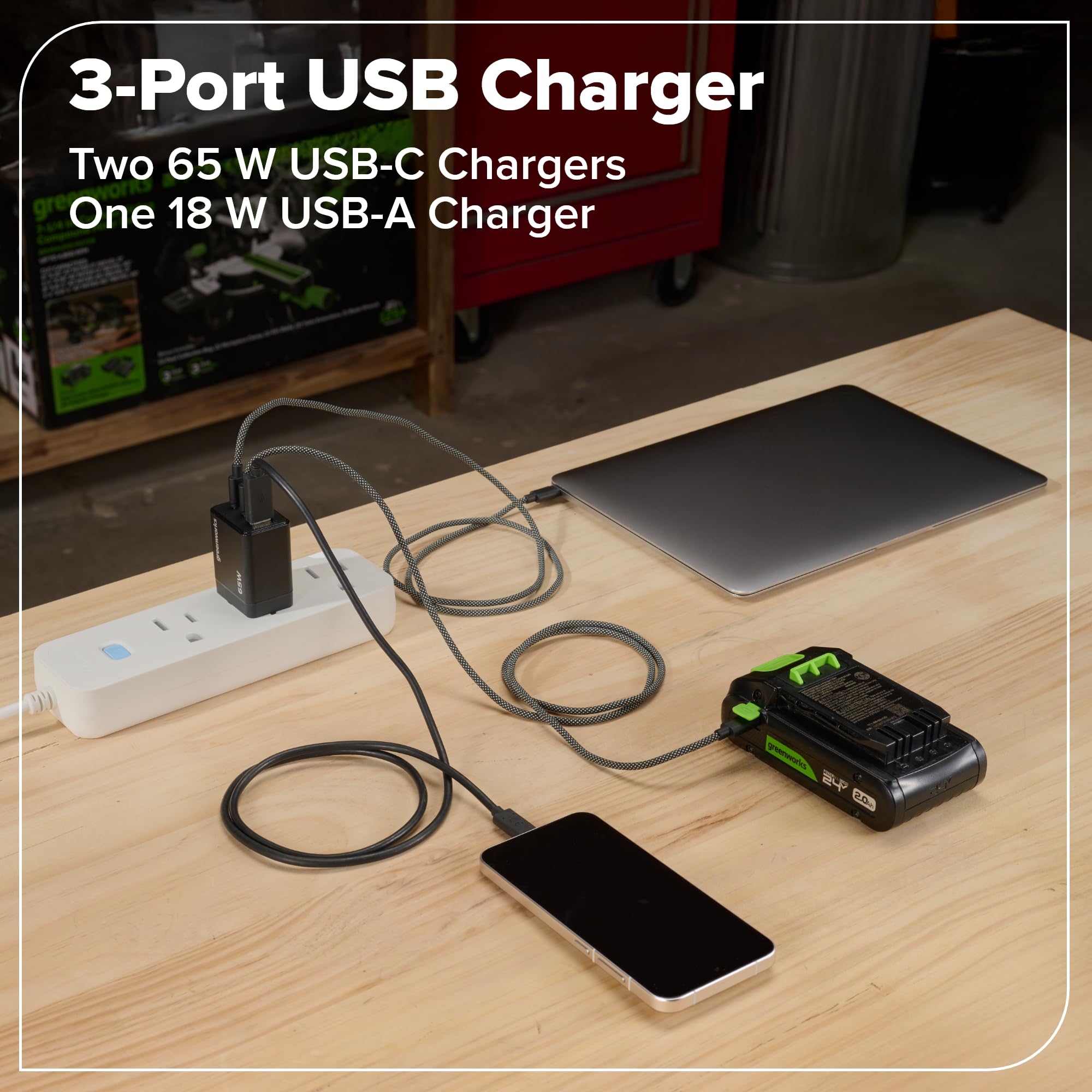 GREENWORKS 24V Set d'outils sans fil 4 pièces – Perceuse à percussion & Visseuse sans balai, Scie circulaire 6,5", Lampe LED, Batteries 4,0Ah + 2,0Ah (Powerbank 24.000 mAh), Chargeur rapide 65W