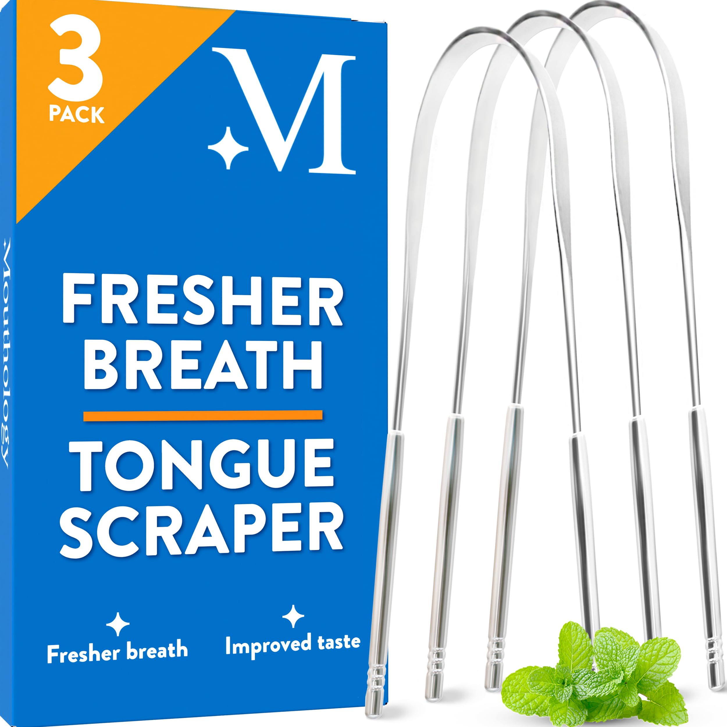 Mouthology Tongue Scraper, Stainless Steel Tongue Cleaners, Metal Tongue Scraper, Tongue Scraper for Adults - Fresher Breath in Seconds, Dual Handle (3 pack)