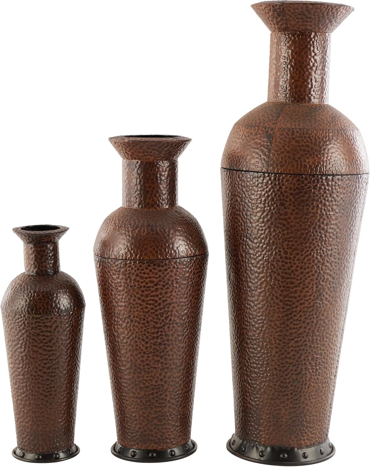 Deco 79 Metal Decorative Vase Indoor Outdoor Tall Floor Bottleneck Centerpiece Vases with Bubble Texture and Studs, Set of 3 Flower Vases for Home Decoration 50", 35", 26"H, Dark Brown