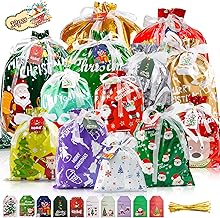 Christmas Drawstring Gift Bags, KONCCI 32 Pcs Xmas Bags for Presents, 5 Sizes Large Medium Small Christmas Wrapping Bags Multipack with Ribbons & Cards for Xmas Party