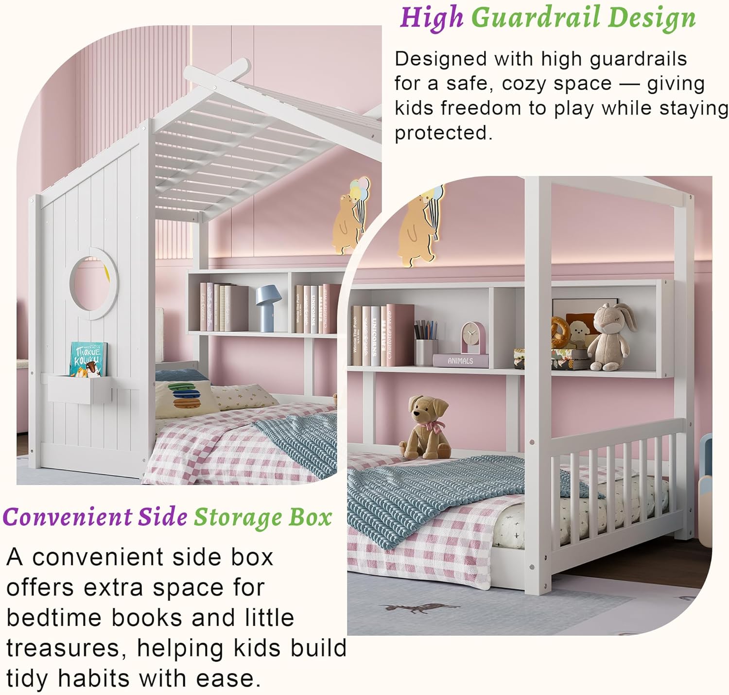 Image highlighting the high guardrail design and convenient side storage box of the bed.
