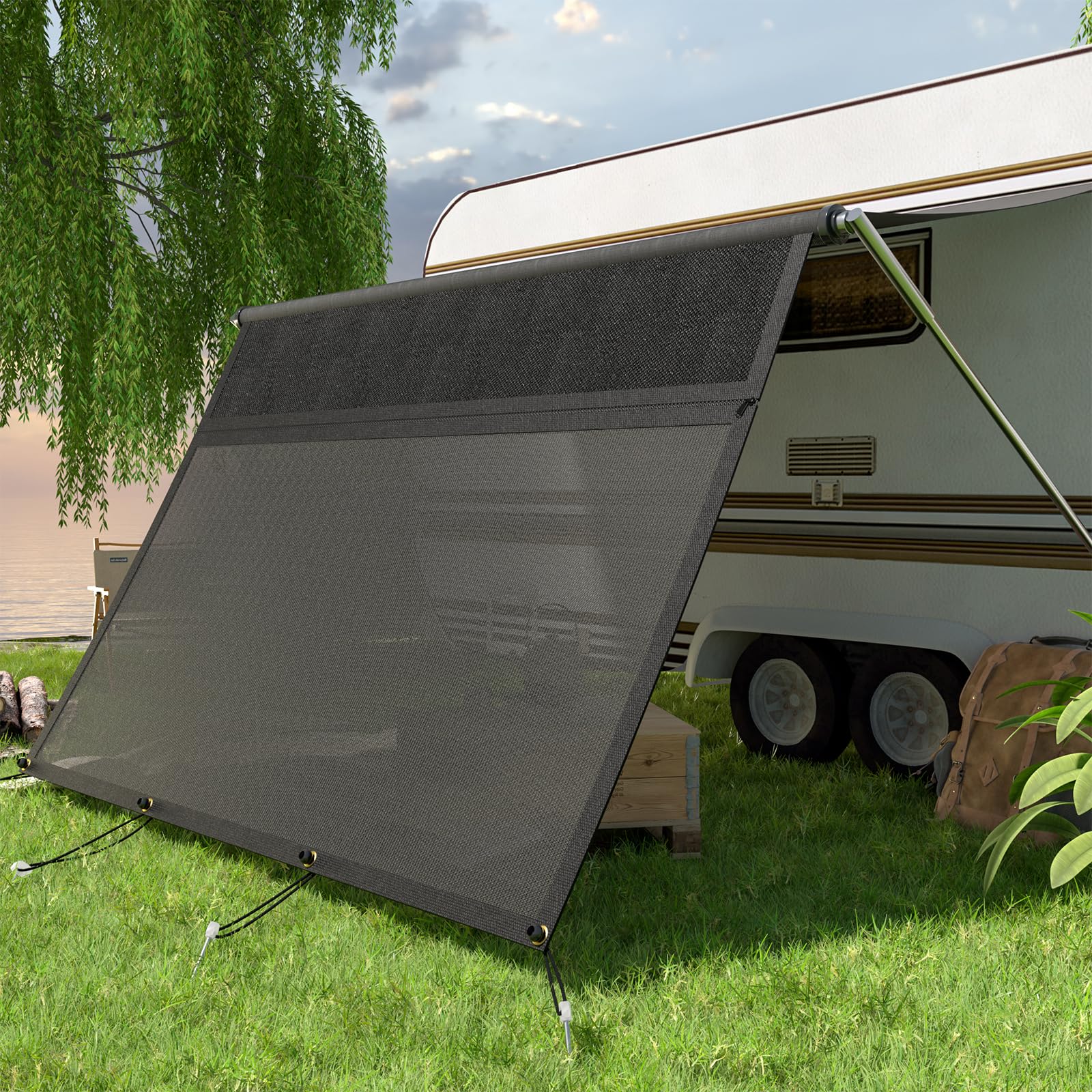 Toldo para Autocaravana, con Cremallera, Ventana panorámica Ajustable (Tela+Red). Protección Visual y Solar, protección Visual Universal con Kits completos, 2,2 m de Alto (2,4 m de Ancho)