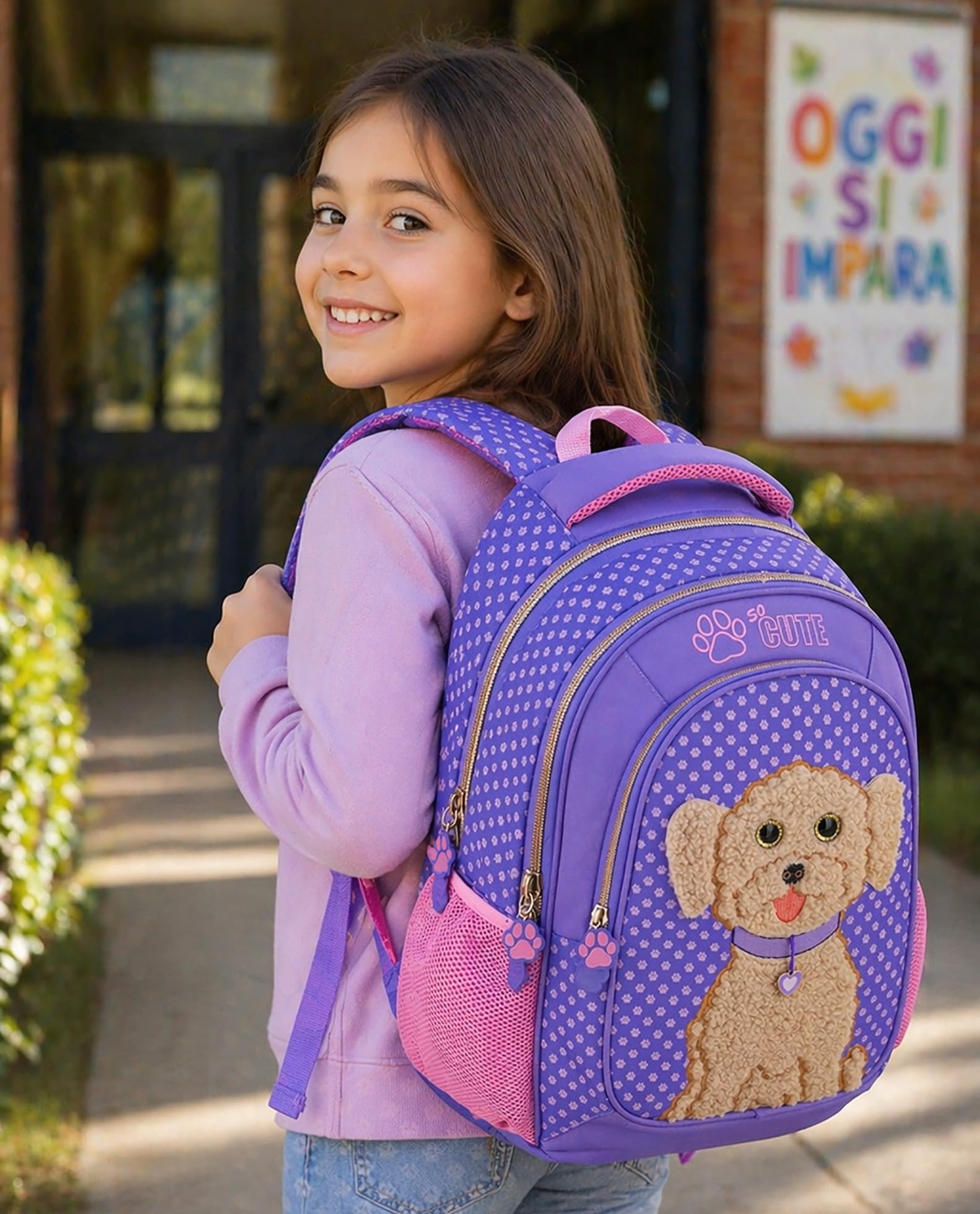 Julian Ross Zaino Scuola Elementare Bambina 43x33x15 cm Barboncino Toy – Multitasche, Schienale Ergonomico, Spallacci Imbottiti, Tasche Porta Borraccia, Grande Capacità e Design Cucciolo