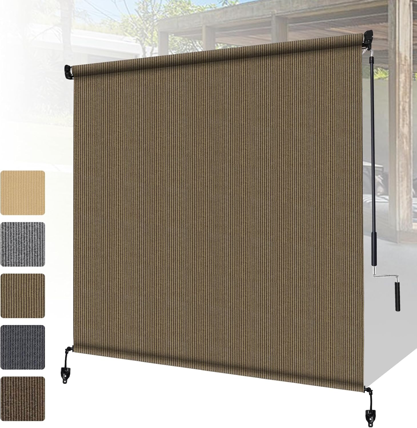 Shade&Beyond Outdoor Roller Shades 6' W x 8' H Cordless Patio Roll Up Blinds Exterior Shade Cloth Roll for Porch Gazebo Pergola Balcony Backyard, 2 Poles and 1 Piece Fabric, Coffee Brown 72"W x 96"H Coffee Brown