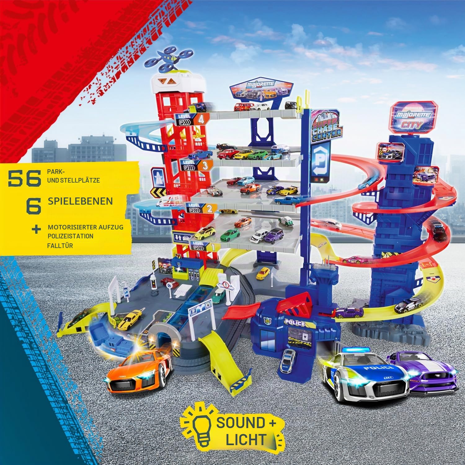 Majorette Super Chase Center - 5-stöckiges Parkhaus mit Spielzeugautos, Zug, Aufzug, Licht & Sound, Auto Spielzeug ab 5 Jahren - 212059984