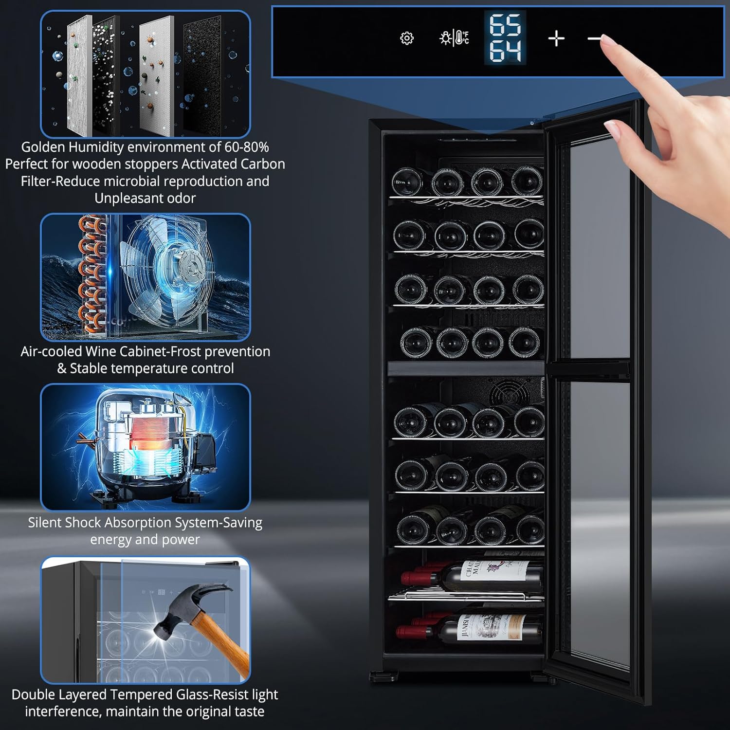 39 Bottle Wine Cooler, Beverage Refrigerator with Digital Temperature Control, Freestanding Dual Zone Wine Cellar with Tempered Glass Door, Quiet Operation Fridge for Home, Kitchen or Office
