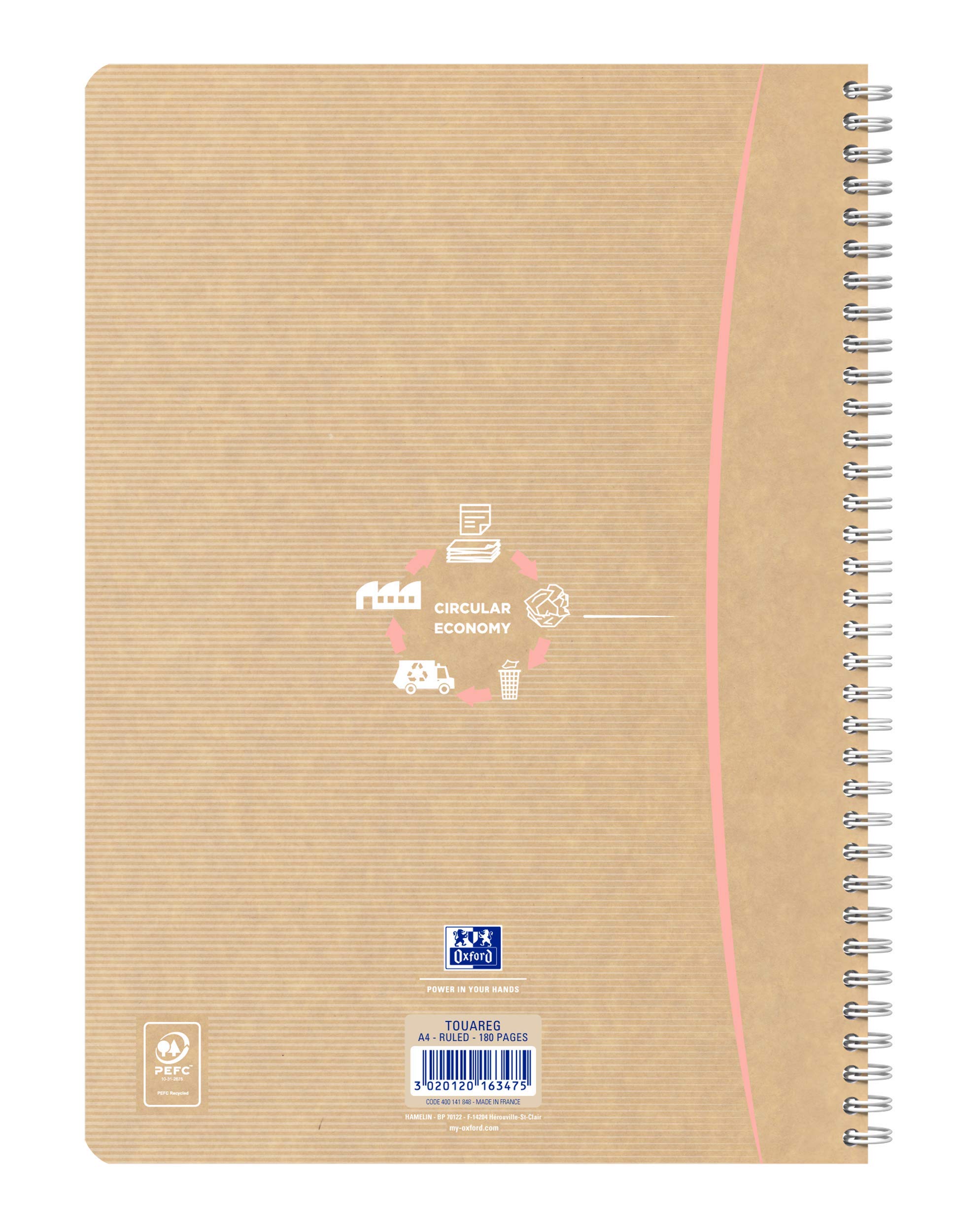 OXFORD Touareg Notatnik A4, małe kafelki, 5 mm, 180 stron, papier z recyklingu spirala, okładka Kraft, losowy kolor