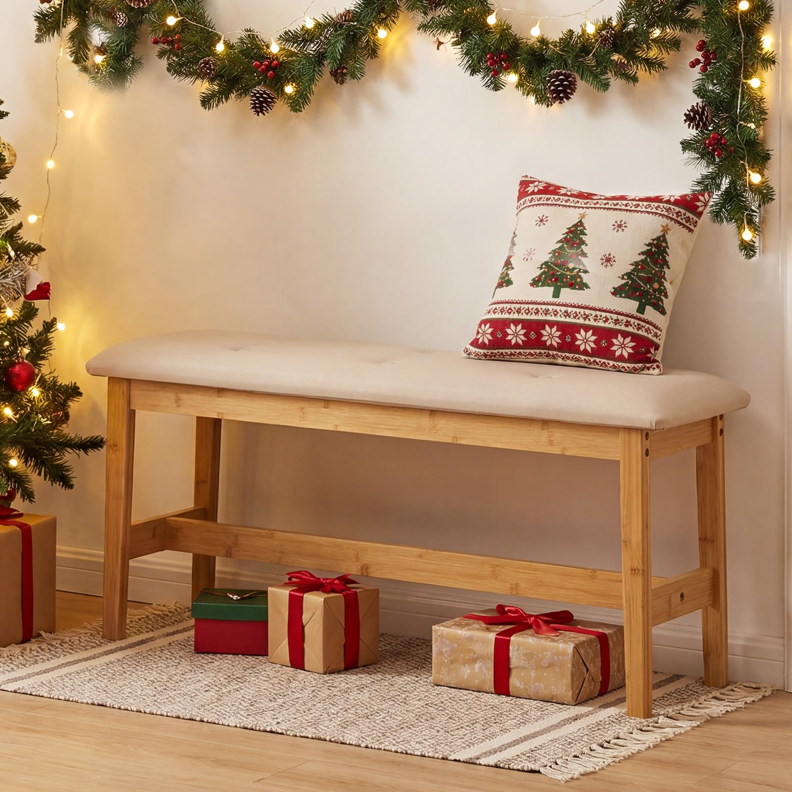COSTWAY Banco Tapizado de 100 cm, Taburete de Bambú para pie de Cama con Botones y Asiento Acolchado, Cuero Artificial y Relleno de Esponja, Taburete para Zapatos, Banco para Cocina, Entrada, Pasillo