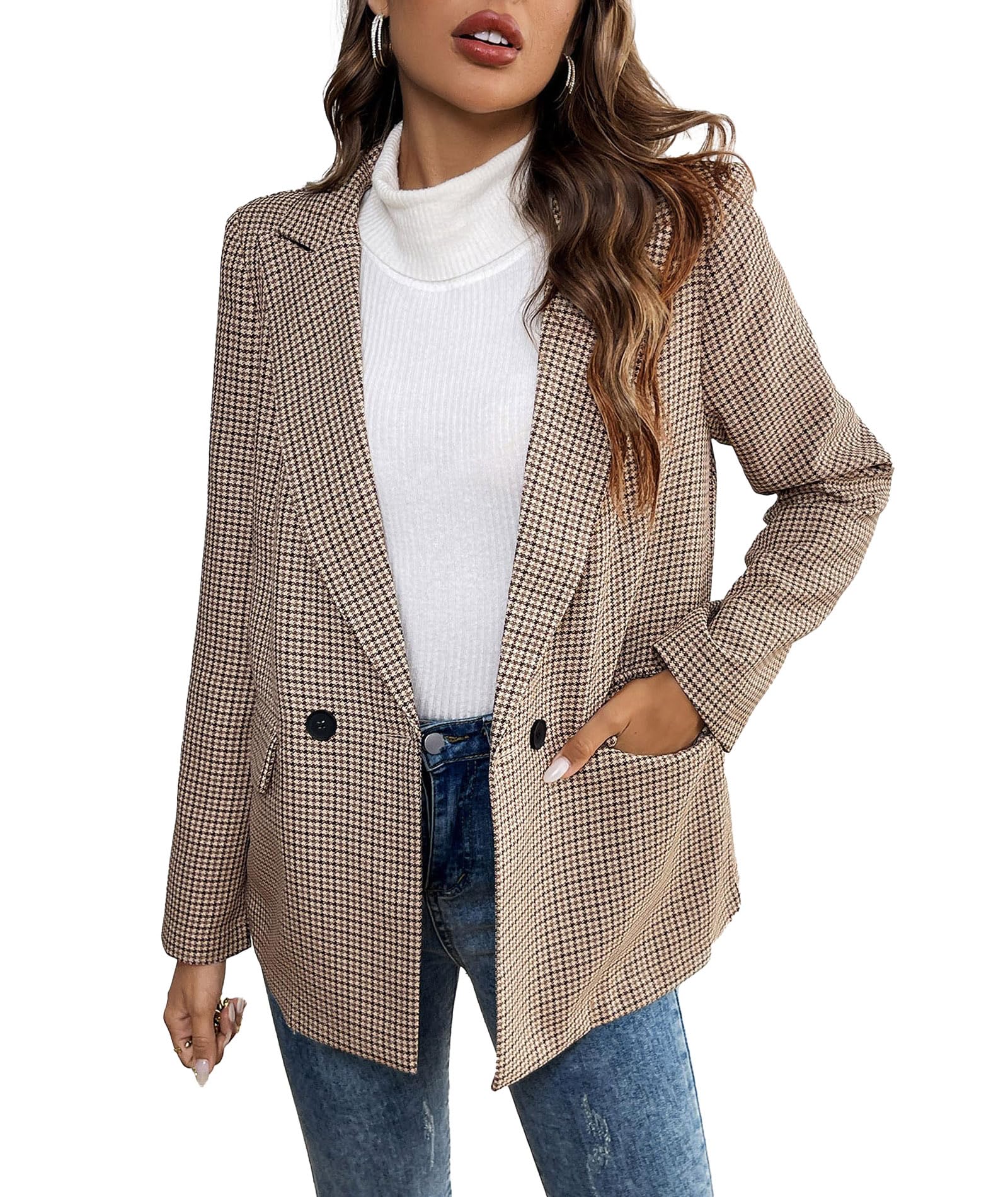 Raboolion Womens Plaid Notched Lapel Button Down Blazers Open Front Long Sleeve Work Office Suit Jackets with Pockets