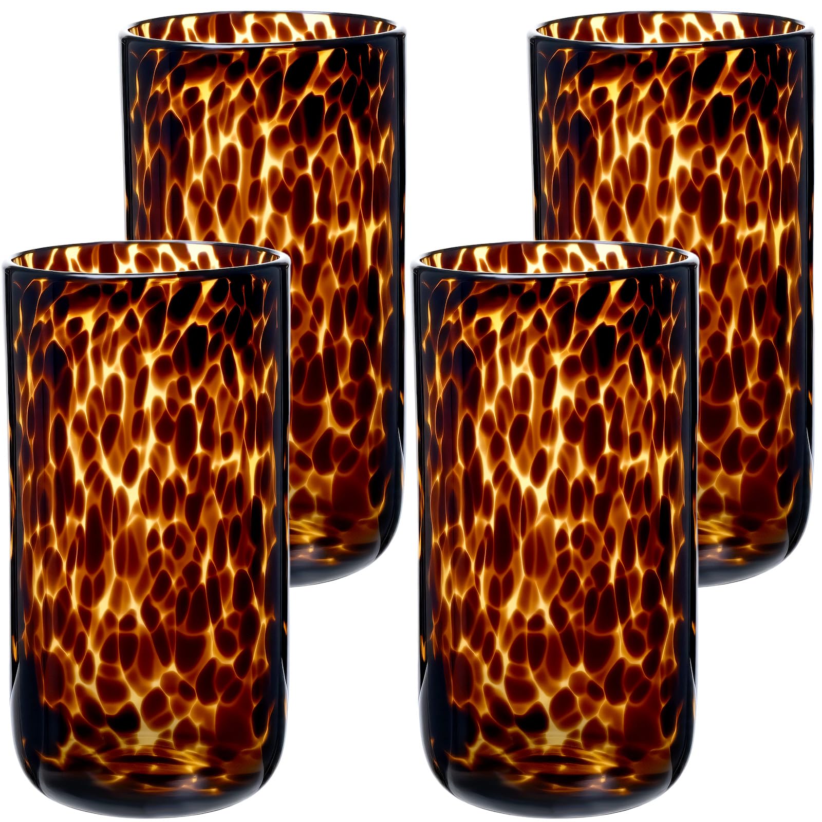 Honeydak Set mit 4 braunen Gläsern mit Schildkröten-Leopardenmuster, 473 ml, stilvolle Cocktailbecher ohne Stiel, Glaswaren, ideal für Gin, Tequila, Wodka, Softdrinks