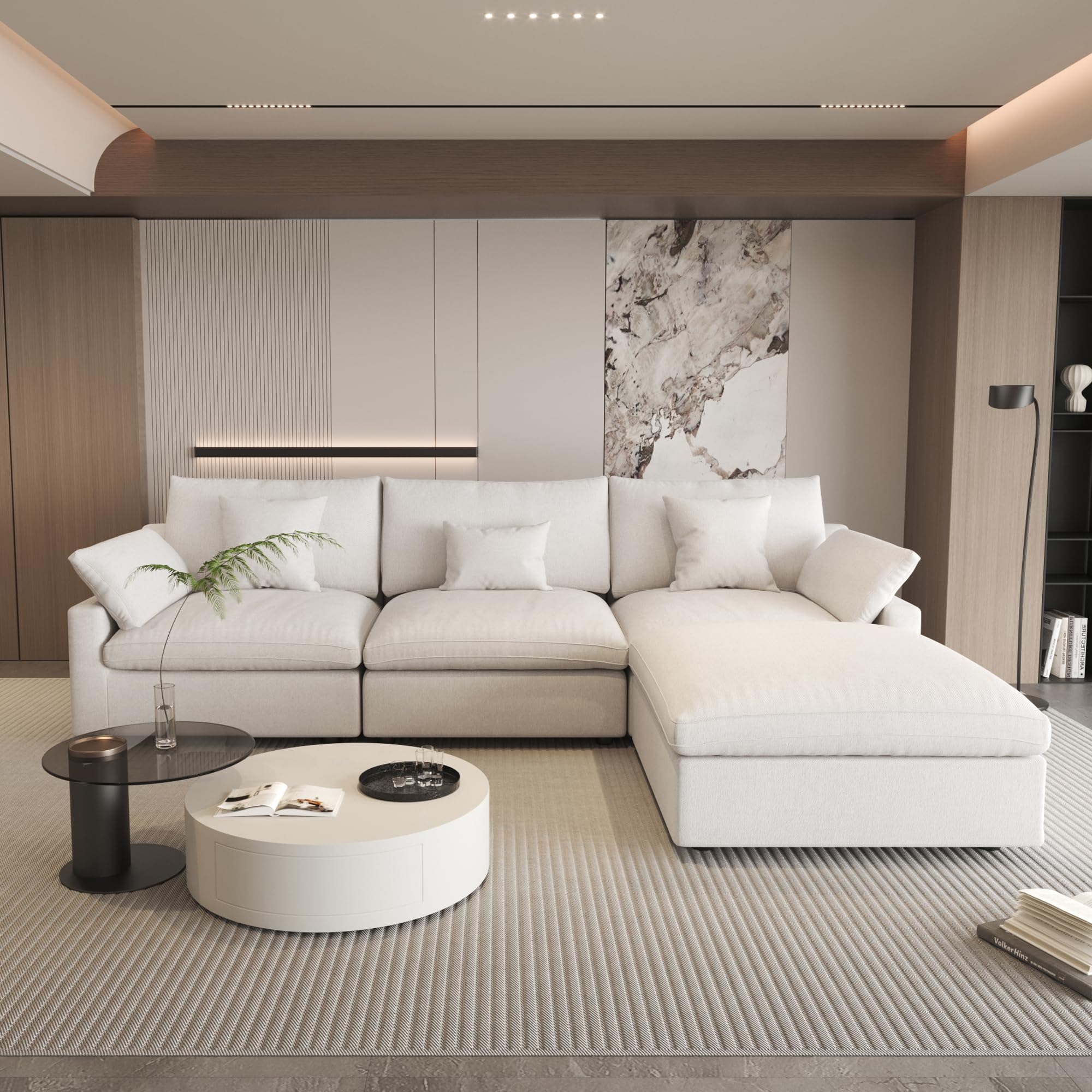 WJShome 120" Cloud Couch Sectional for Living Room, L Shape Down Filled Modular Sectional Sofa,Convertible Couch with Ottoman, Sofa Covers Washable&