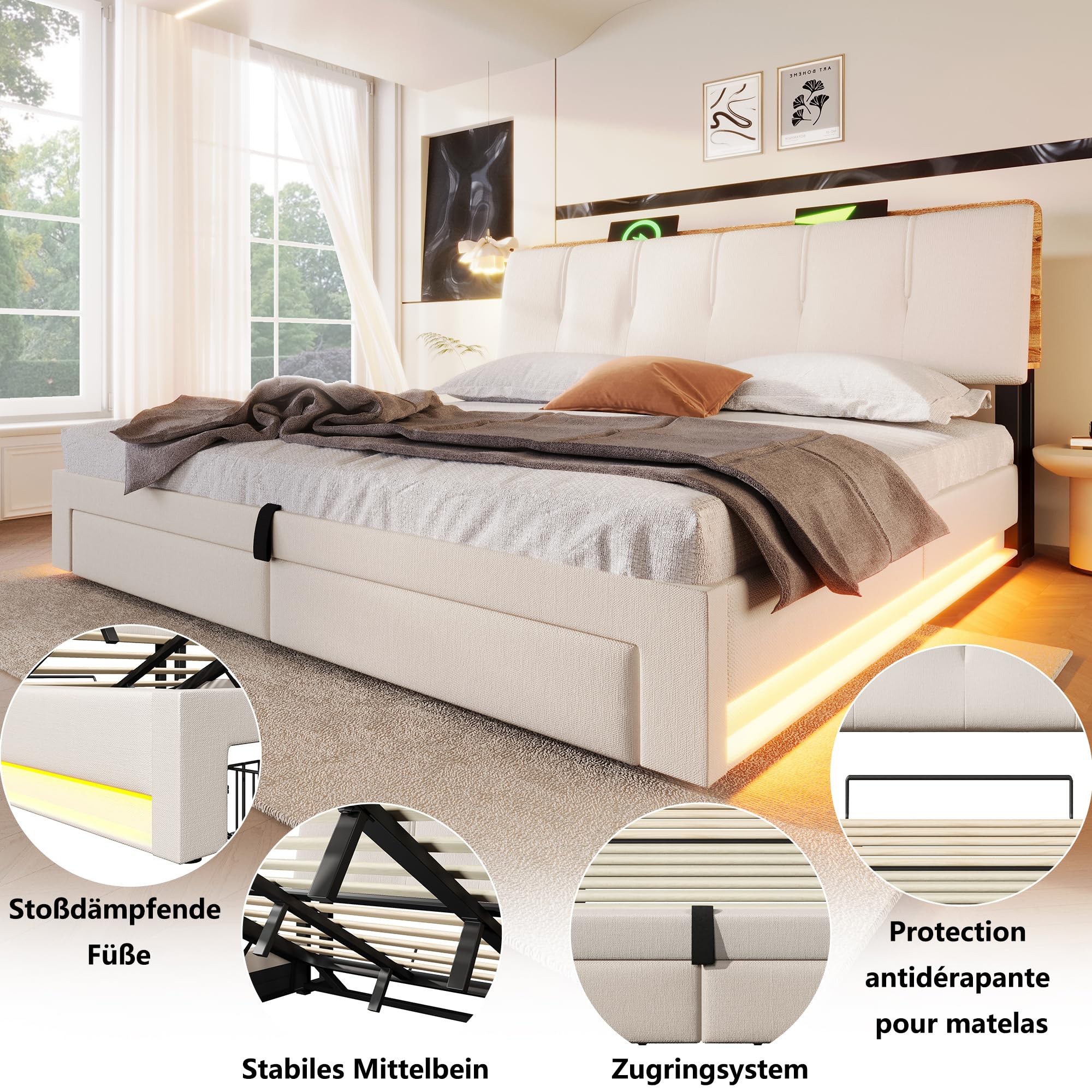 Lit Coffre 180x200 cm, Lit Double à Levage Hydraulique, Cadre de lit avec Prises USB/Type-C, Éclairage LED, 2 Tiroirs, Rangement Multifonctionnel, Sommier à Lattes en Bois, Lin, Beige
