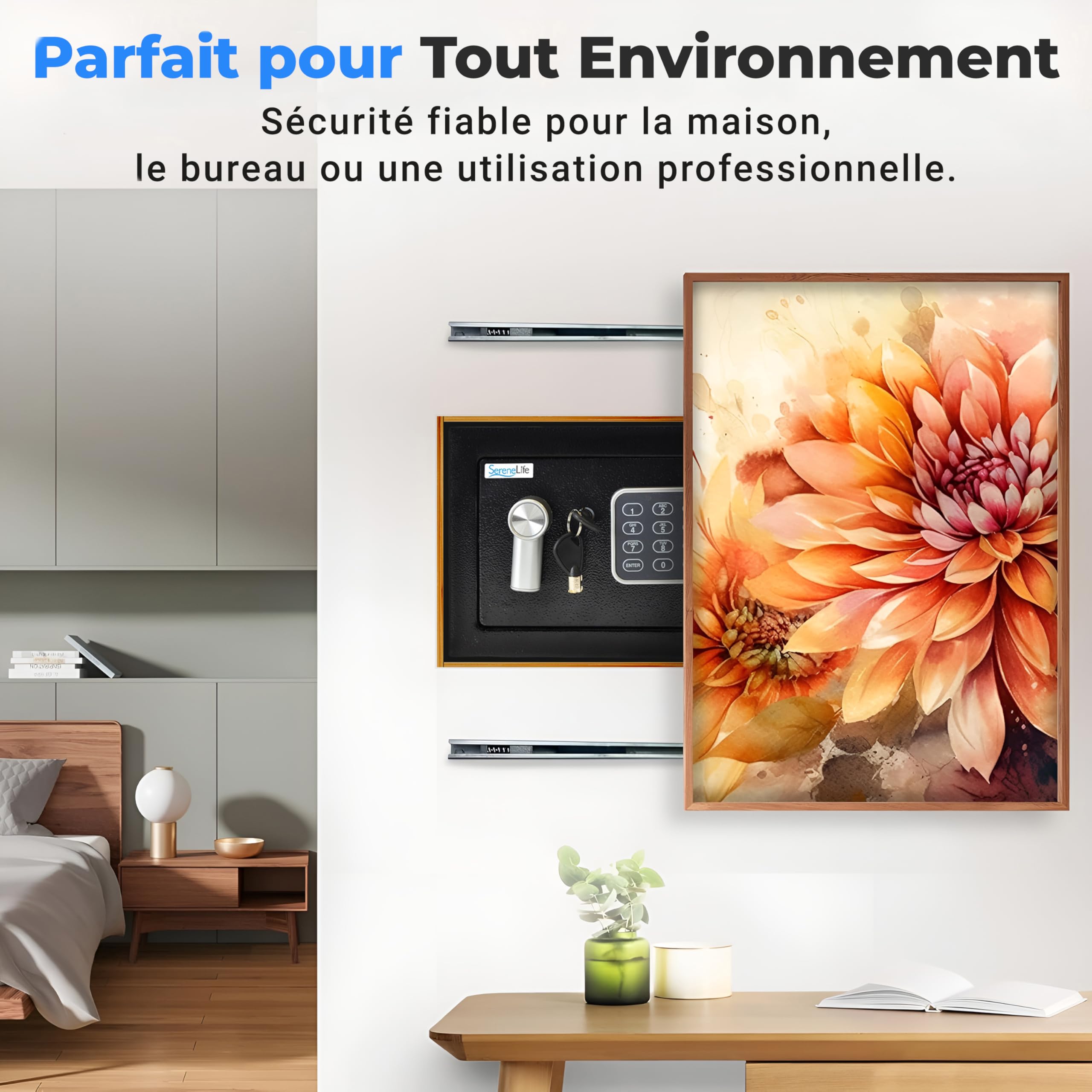 SereneLife Coffre-Fort Numérique en Acier – 23x17x17 cm, Sécurité Électronique + Clé, Rangement pour Argent, Armes, Bijoux, Passeports – Pour Maison, Hôtels, Placards, Bureau-noir